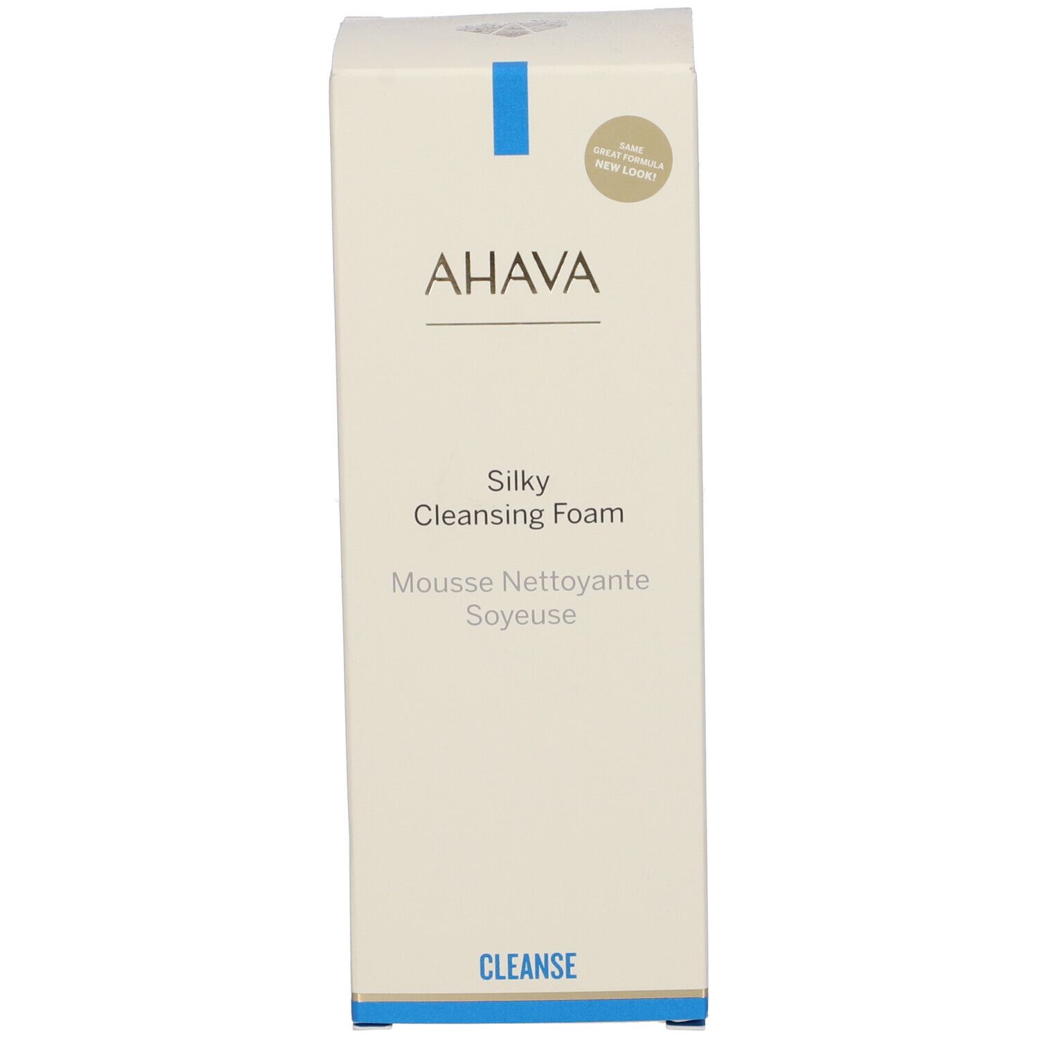 AHAVA Silky Cleansing Foam Verpackung. Beige Karton mit blauer Linie. Beschriftung: AHAVA, Silky Cleansing Foam, Mousse Nettoyante Soyeuse, CLEANSE.