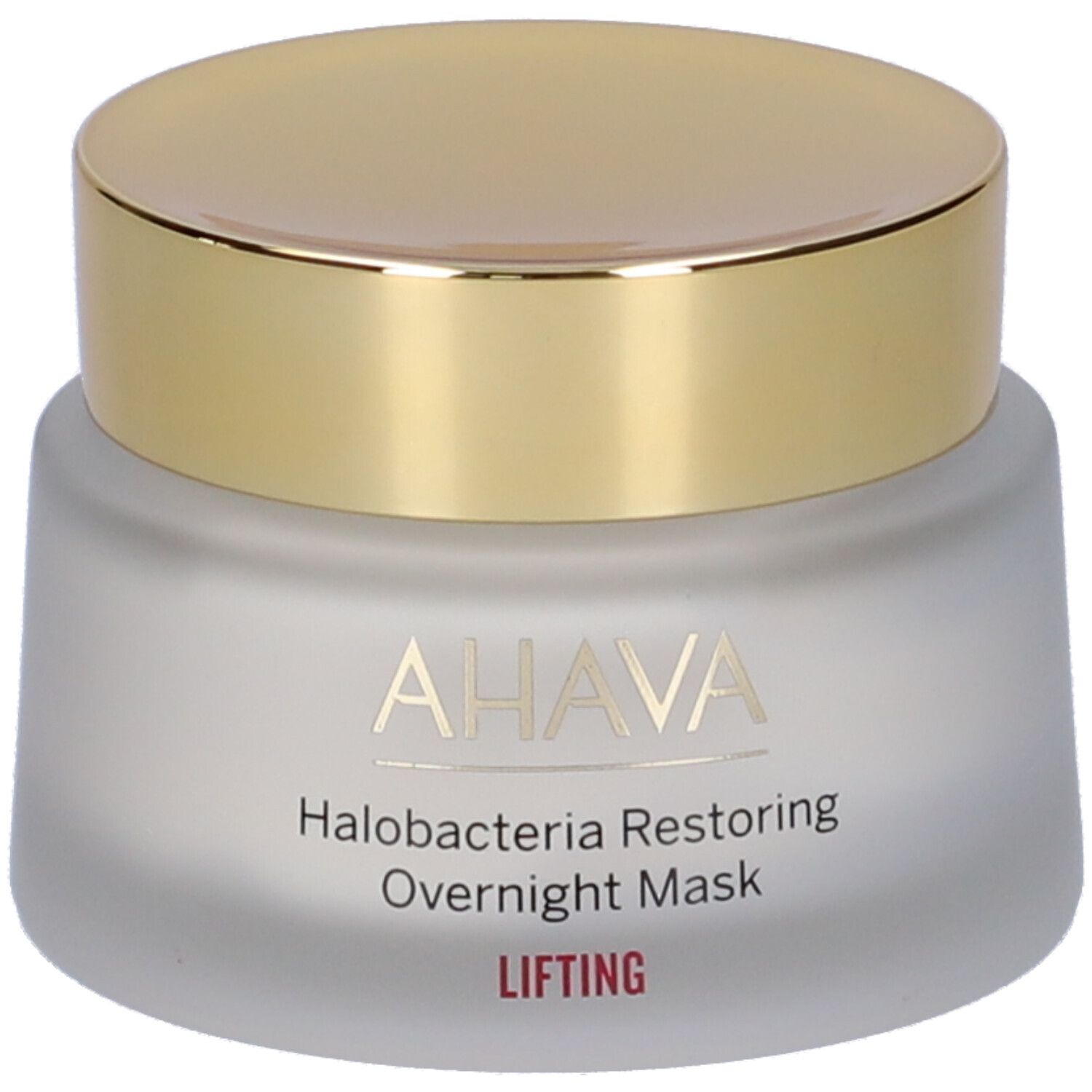 AHAVA Halobacteria Restoring Overnight Mask. Vasetto crema con coperchio dorato. Scritta e nome del prodotto sul vetro.