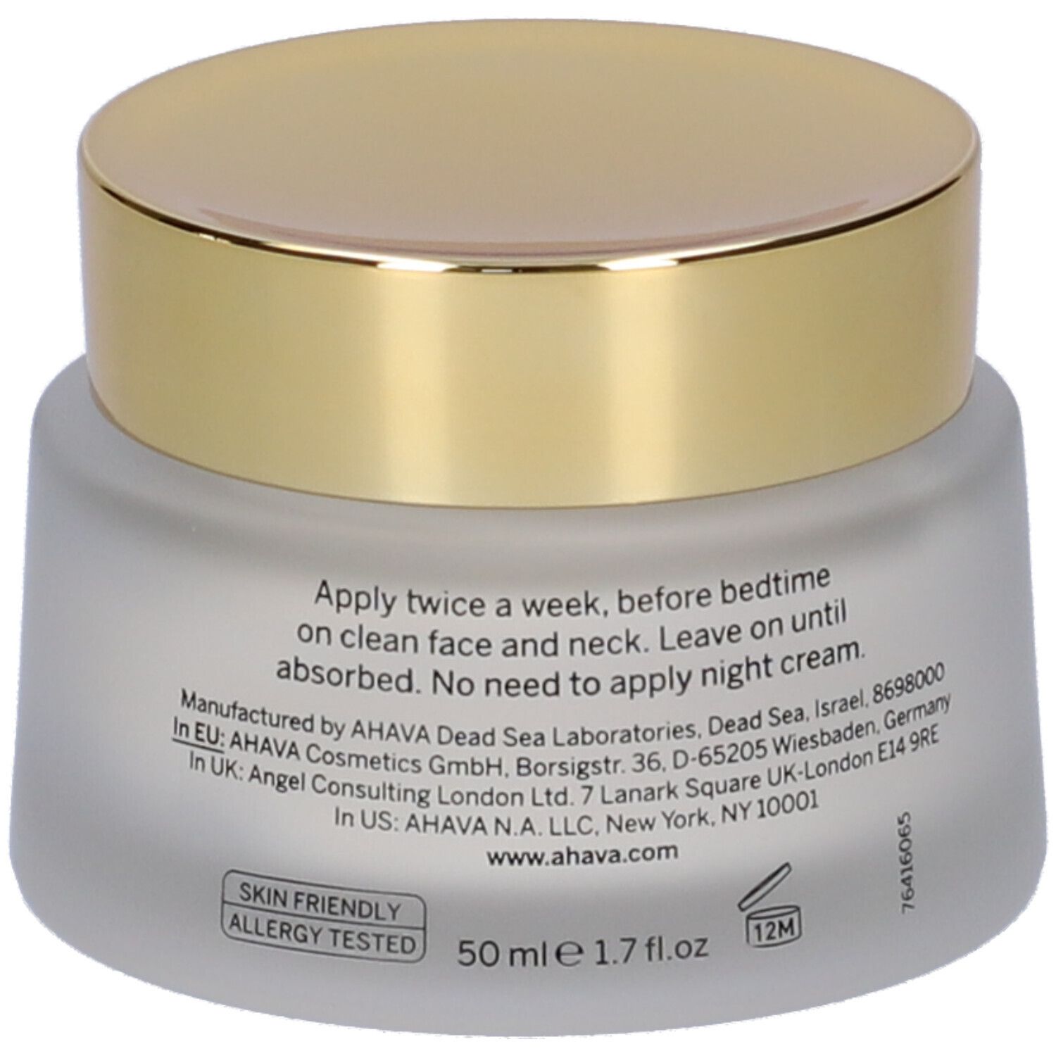 AHAVA Halobacteria Restoring Overnight Mask. Vista posteriore del vasetto crema con coperchio dorato. Testo con istruzioni e informazioni del produttore.