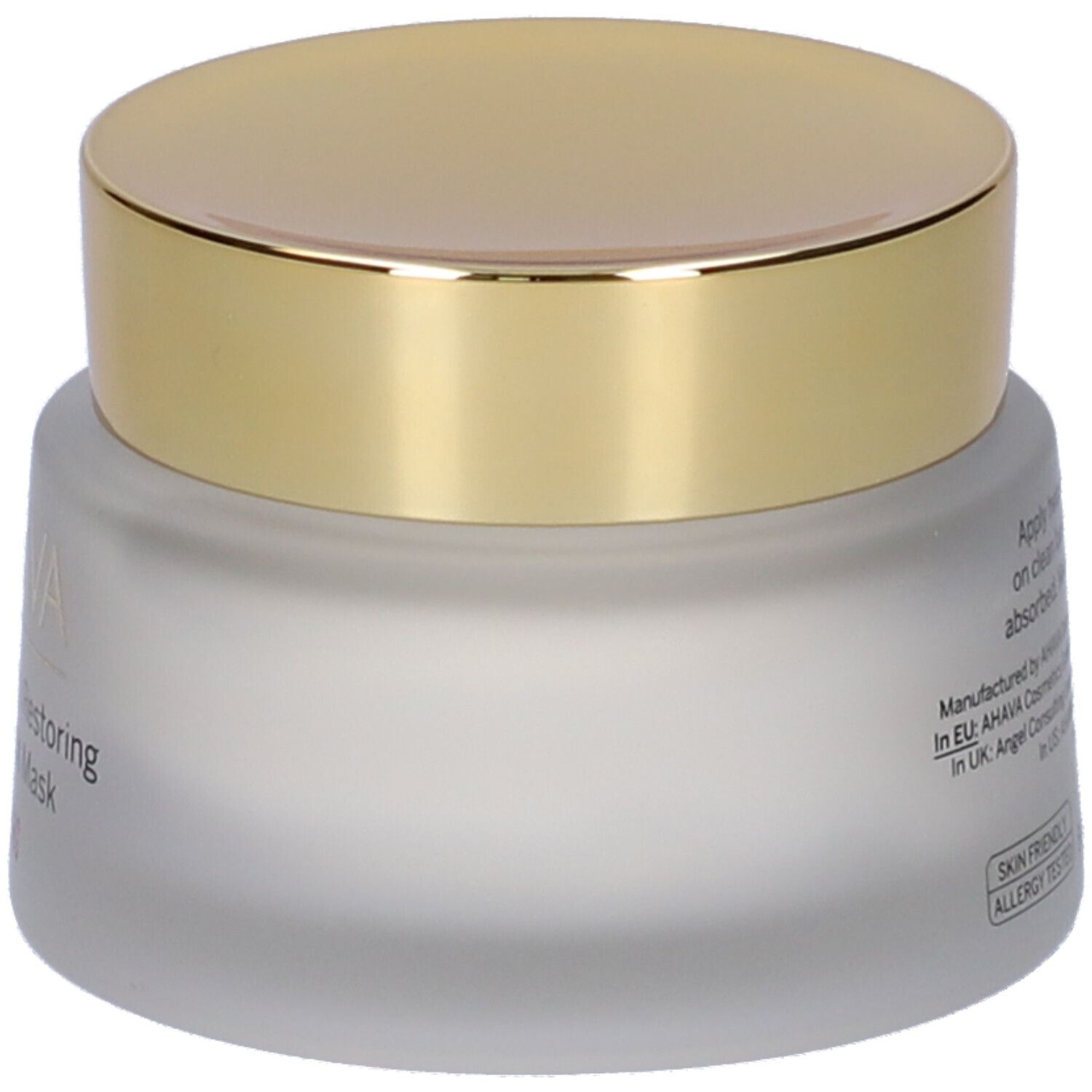 AHAVA Halobacteria Restoring Overnight Mask. Vasetto crema con coperchio dorato. Testo sul vetro.