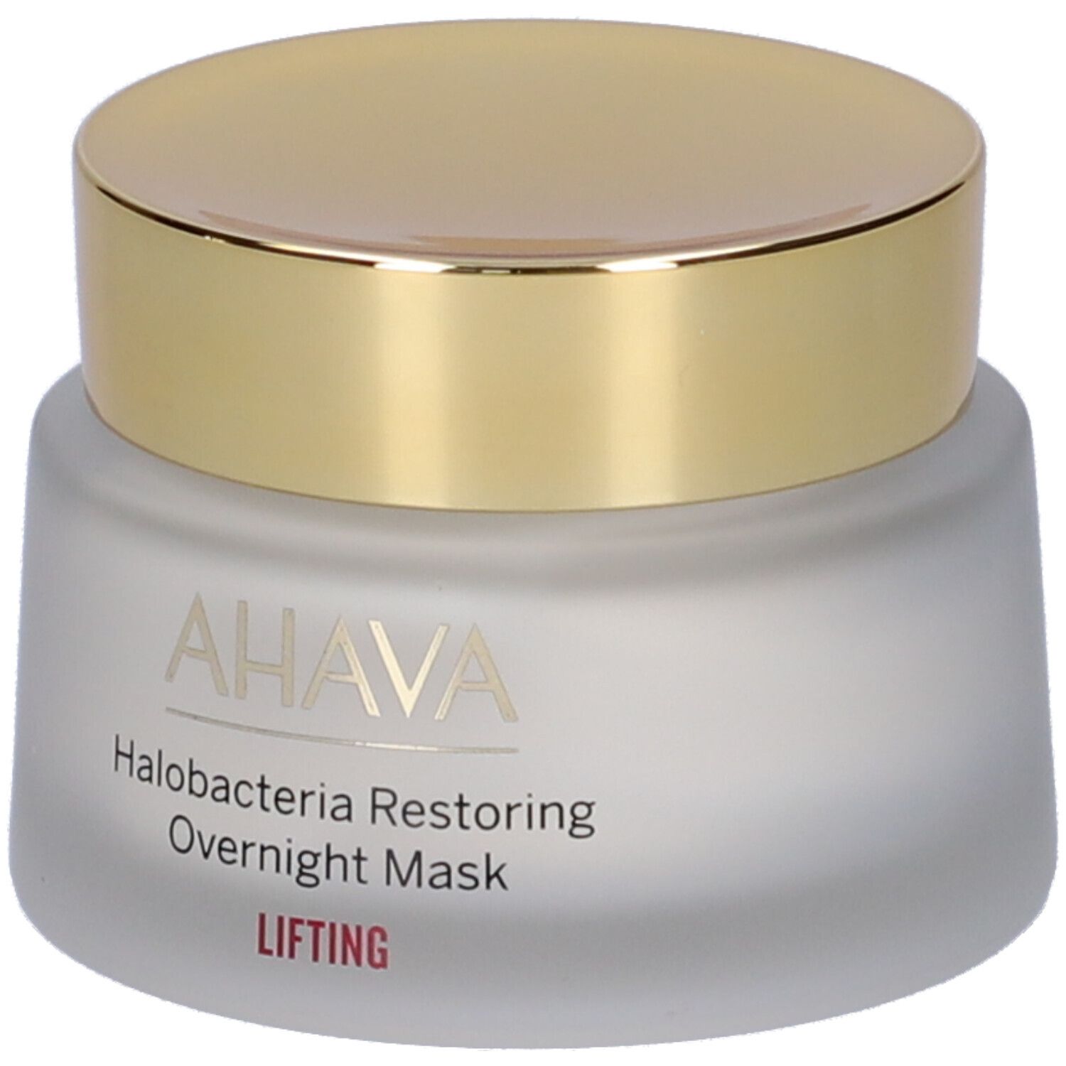 AHAVA Halobacteria Restoring Overnight Mask. Vasetto crema con coperchio dorato. Scritta e nome del prodotto sul vetro.