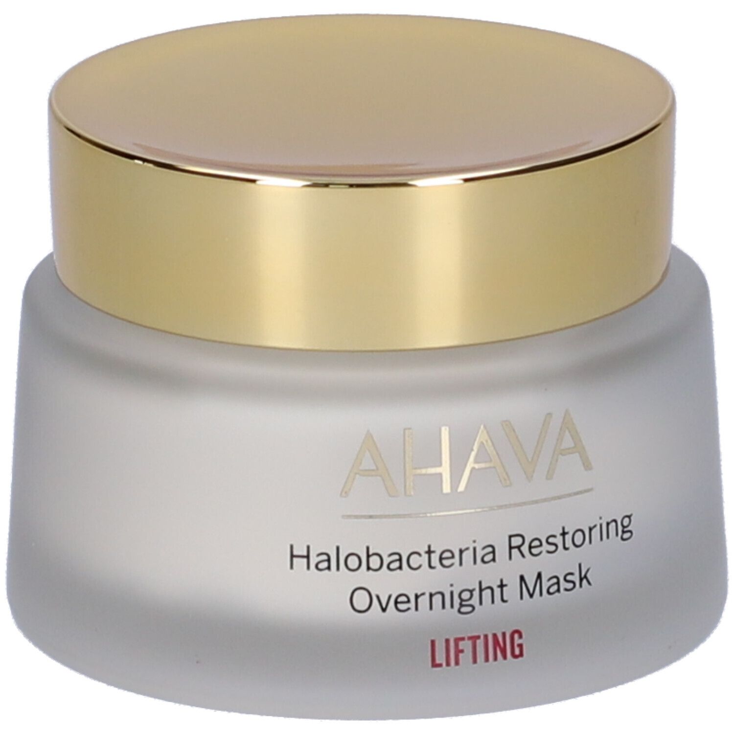 AHAVA Halobacteria Restoring Overnight Mask. Vasetto crema con coperchio dorato. Scritta e nome del prodotto sul vetro.