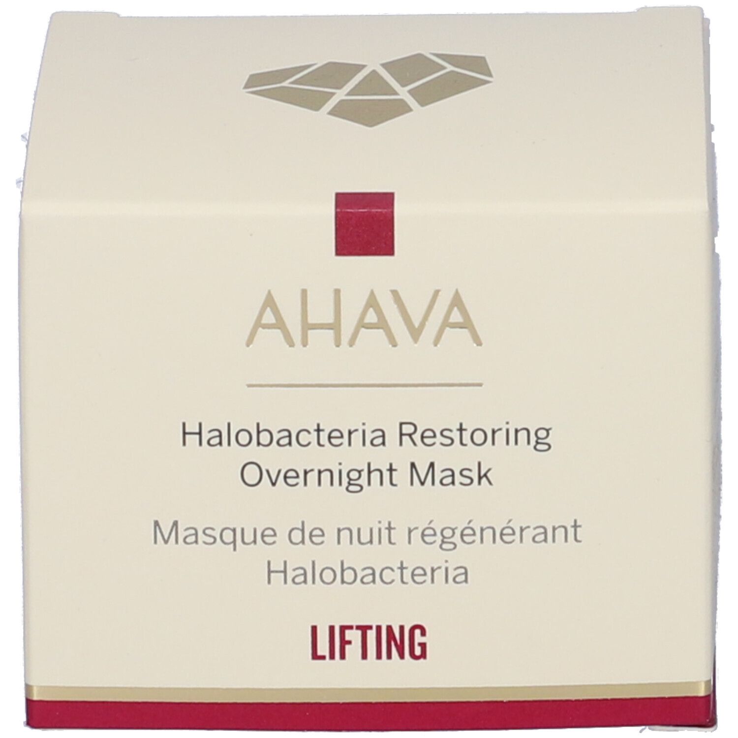 AHAVA Halobacteria Restoring Overnight Mask. Confezione. Scatola con nome del prodotto e logo.