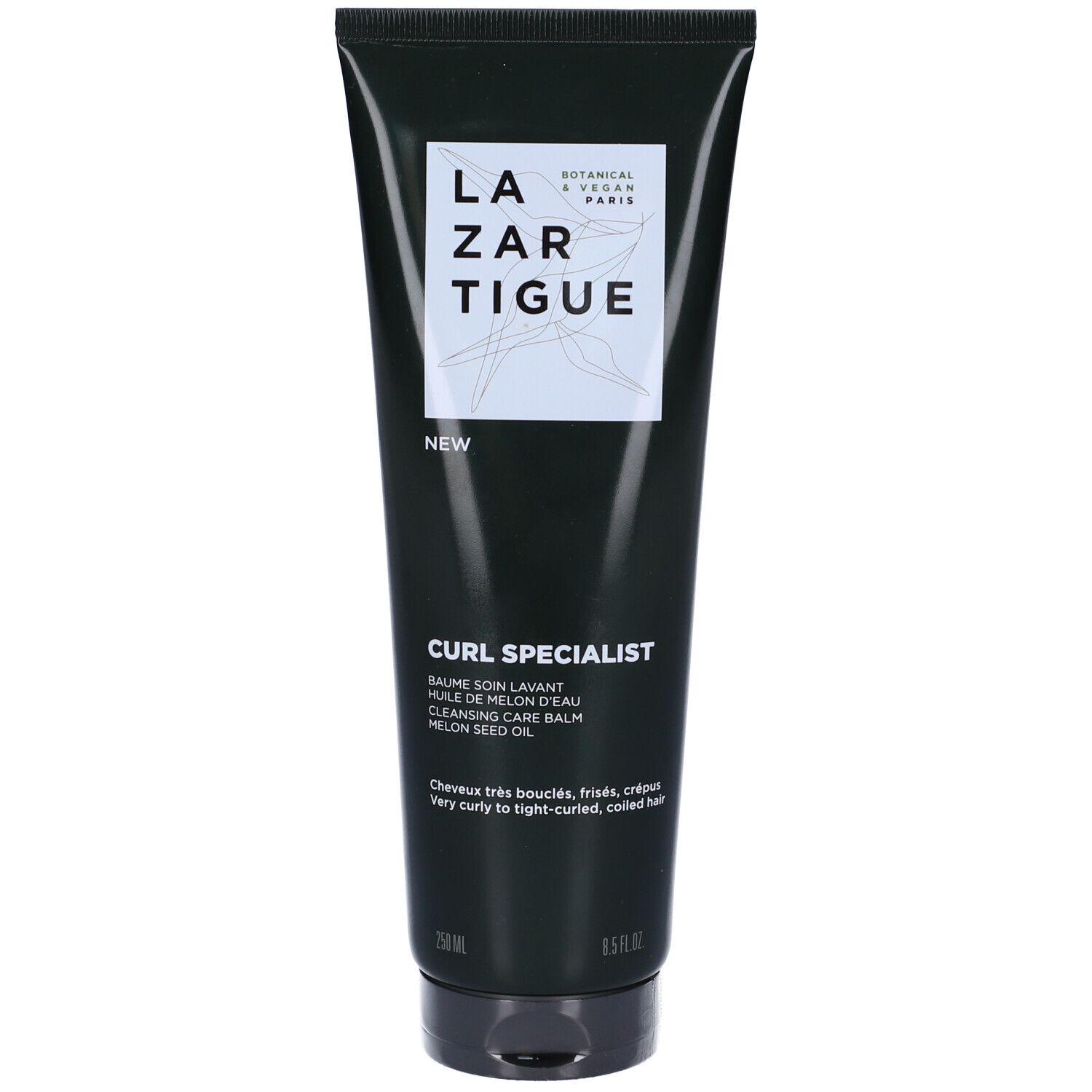 Tubo nero con etichetta bianca. Scritta: LAZARTIGUE, CURL SPECIALIST, NEW. Per capelli ricci.