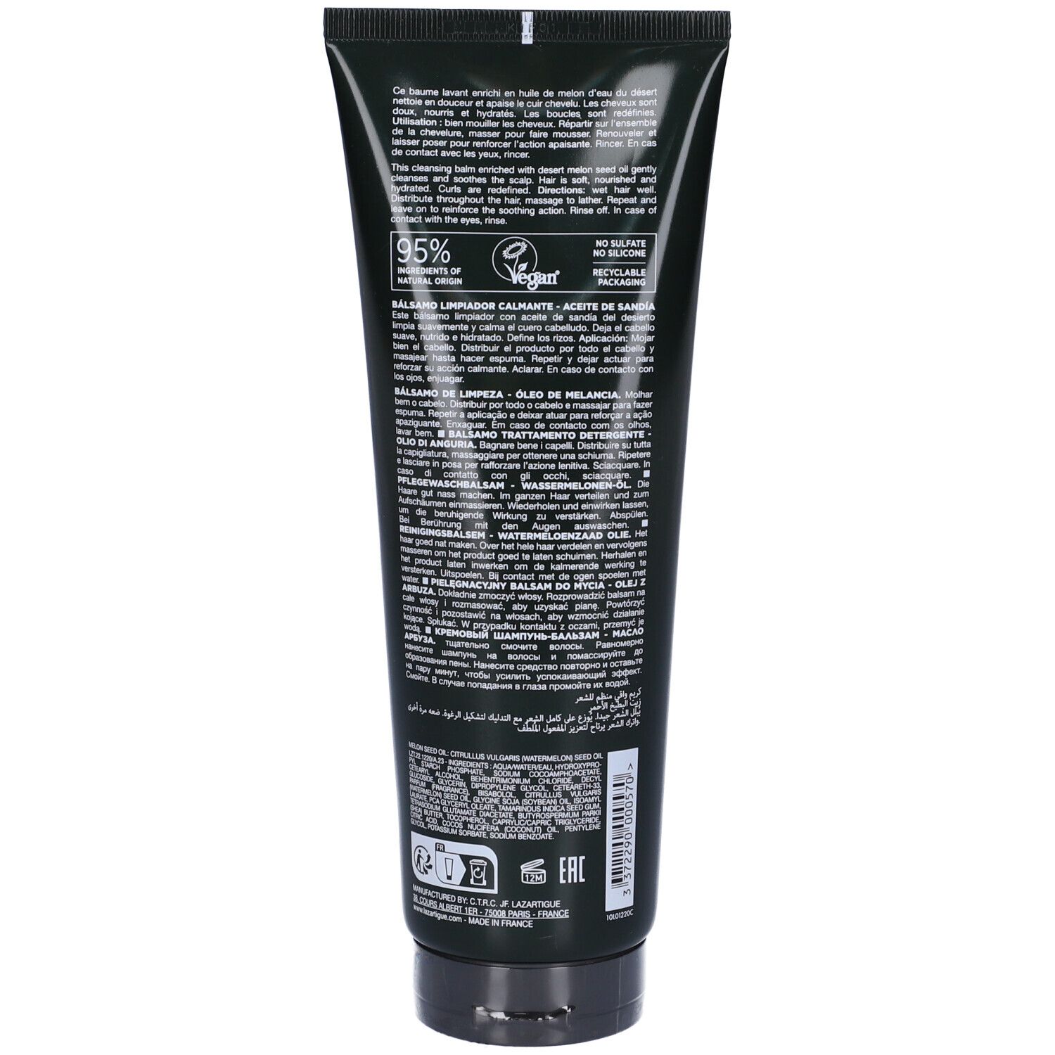 Retro di un tubo nero. Testo multilingue. Scritta: 95% ingredienti di origine naturale, Vegan.