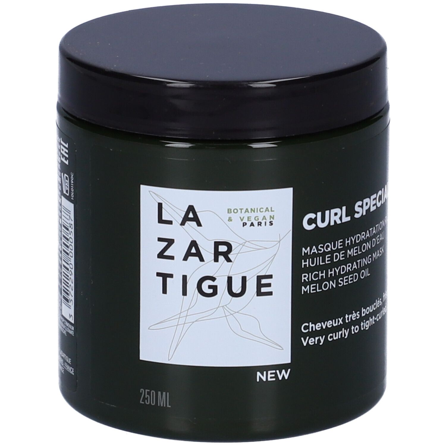 Vaso verde scuro con coperchio nero. Scritta: Lazartigue, Curl Specialist, 250 ml. Per capelli ricci.