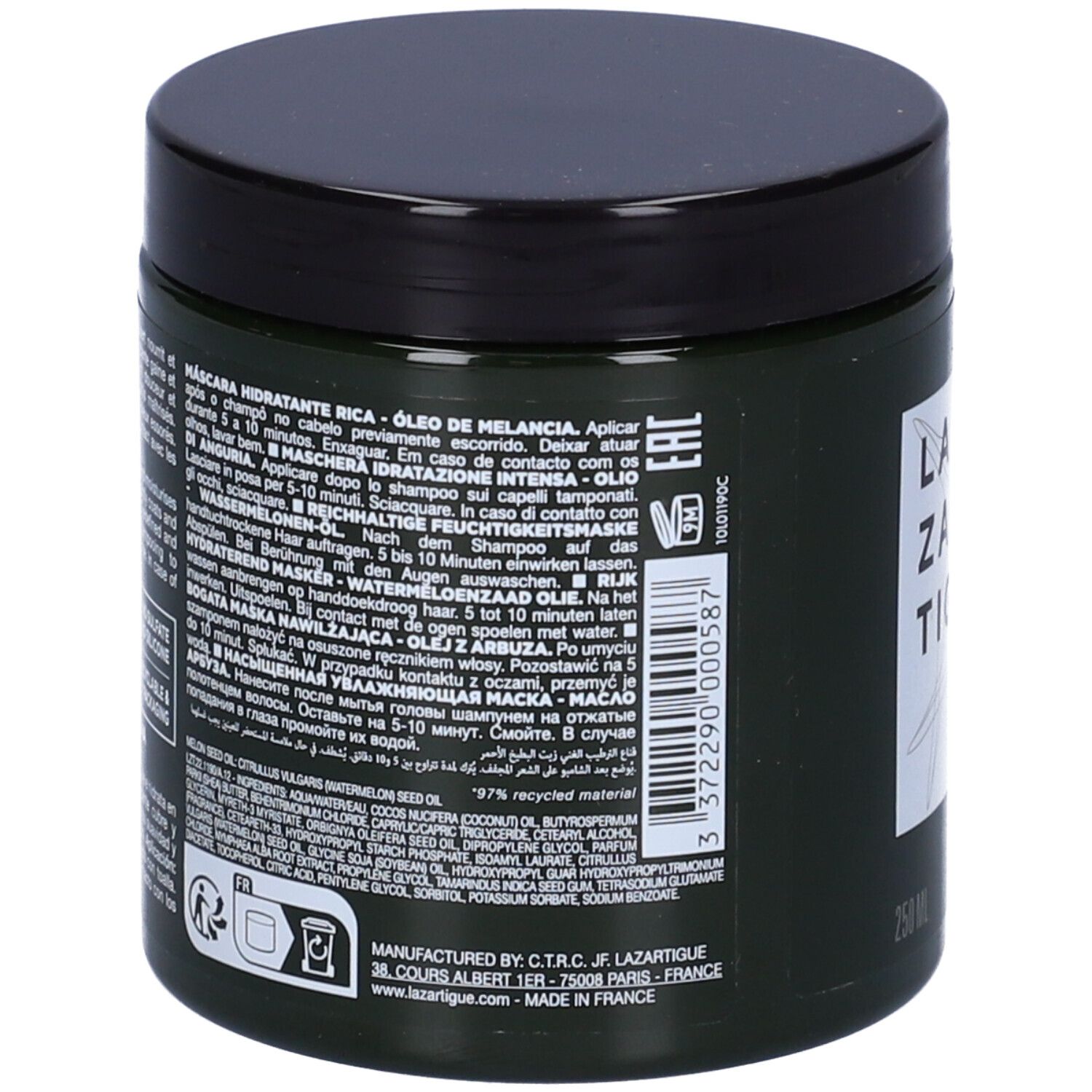 Retro del vaso verde scuro. Testo multilingue. Ingredienti, informazioni produttore e logo riciclo.