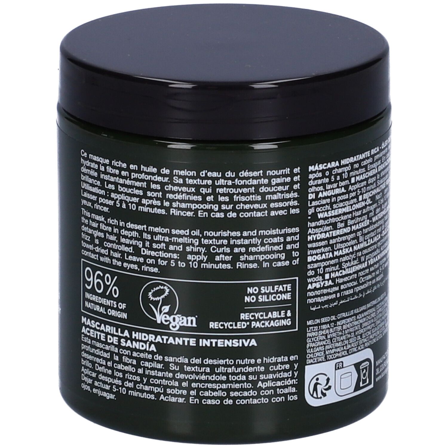 Retro del vaso verde scuro. Testo multilingue. 96% ingredienti naturali, vegano, logo riciclo.