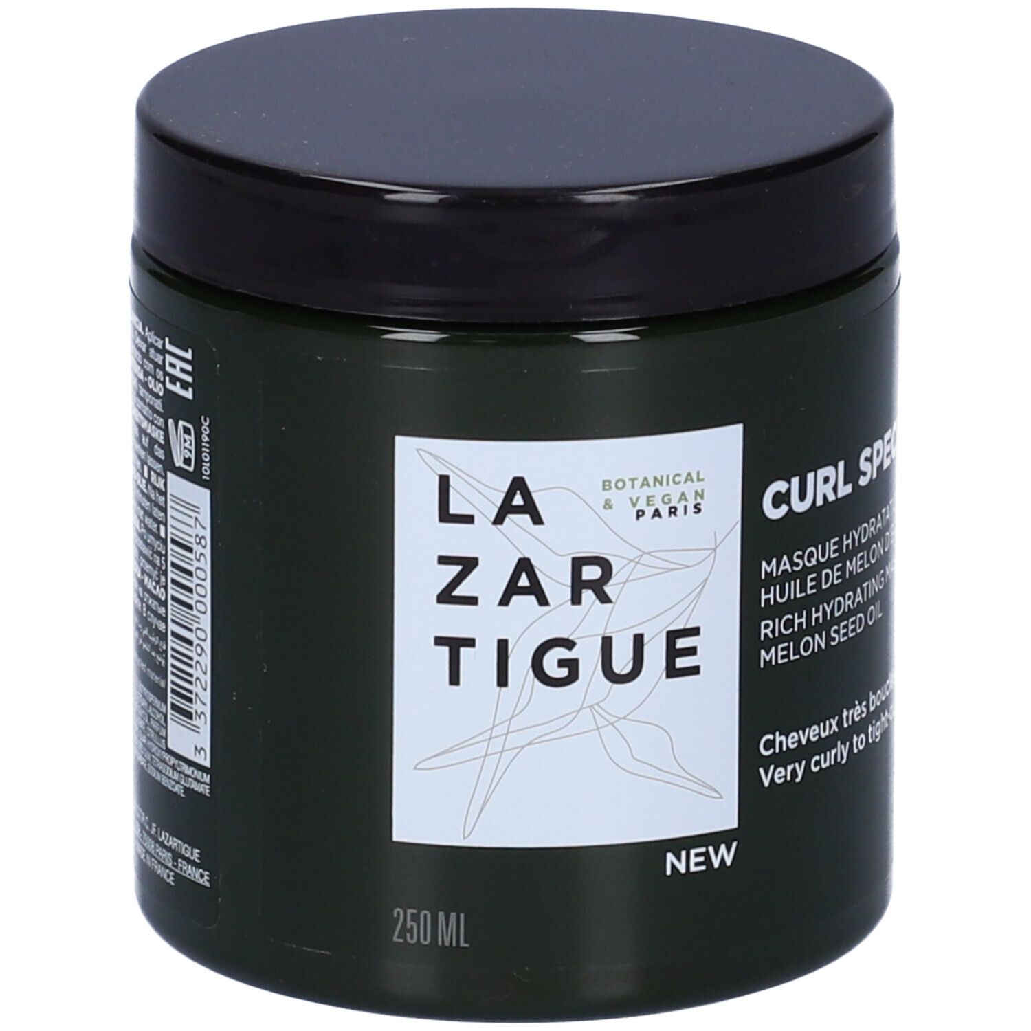 Vaso verde scuro con coperchio nero. Scritta: Lazartigue, Curl Specialist, 250 ml. Per capelli ricci.