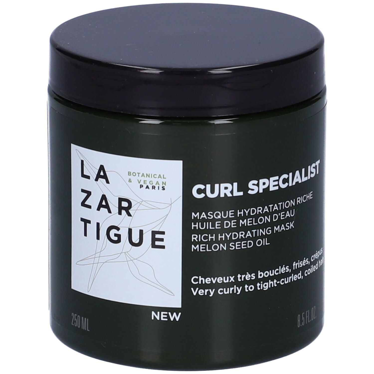 Vaso verde scuro con coperchio nero. Scritta: Curl Specialist, 250 ml, 8.5 fl.oz. Per capelli ricci.