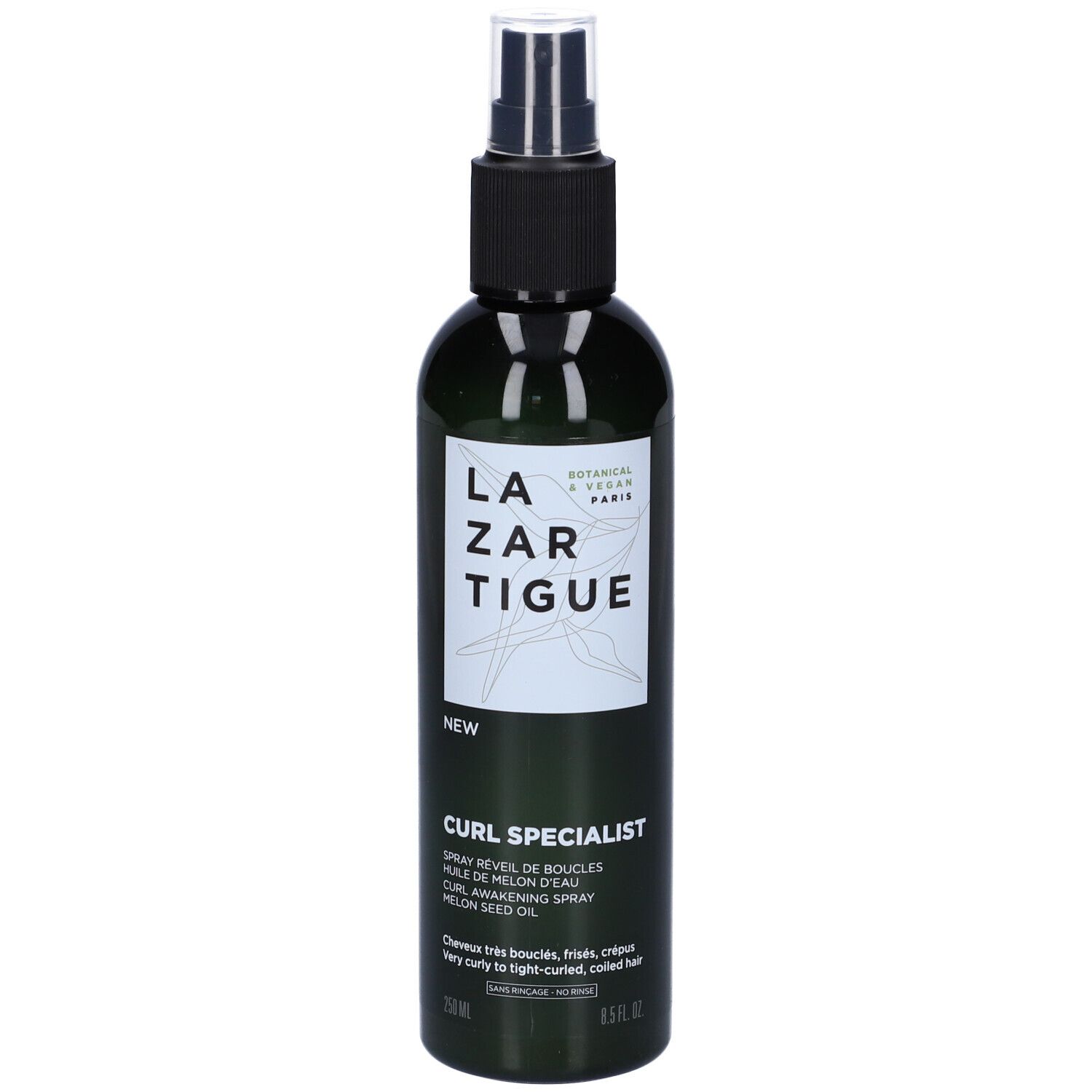 Flacone spray verde con erogatore nero. Scritta: Lazartigue Curl Specialist. Contiene 250 ml.