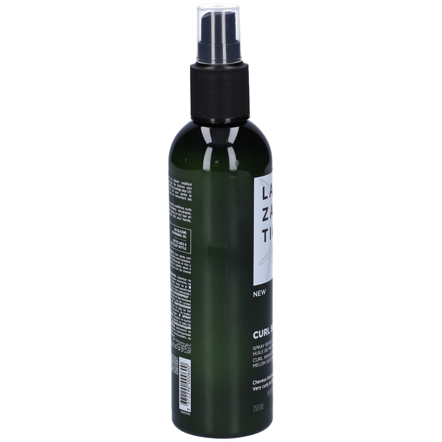 Flacone spray verde con erogatore nero. Scritta: Lazartigue. Testo sul lato.