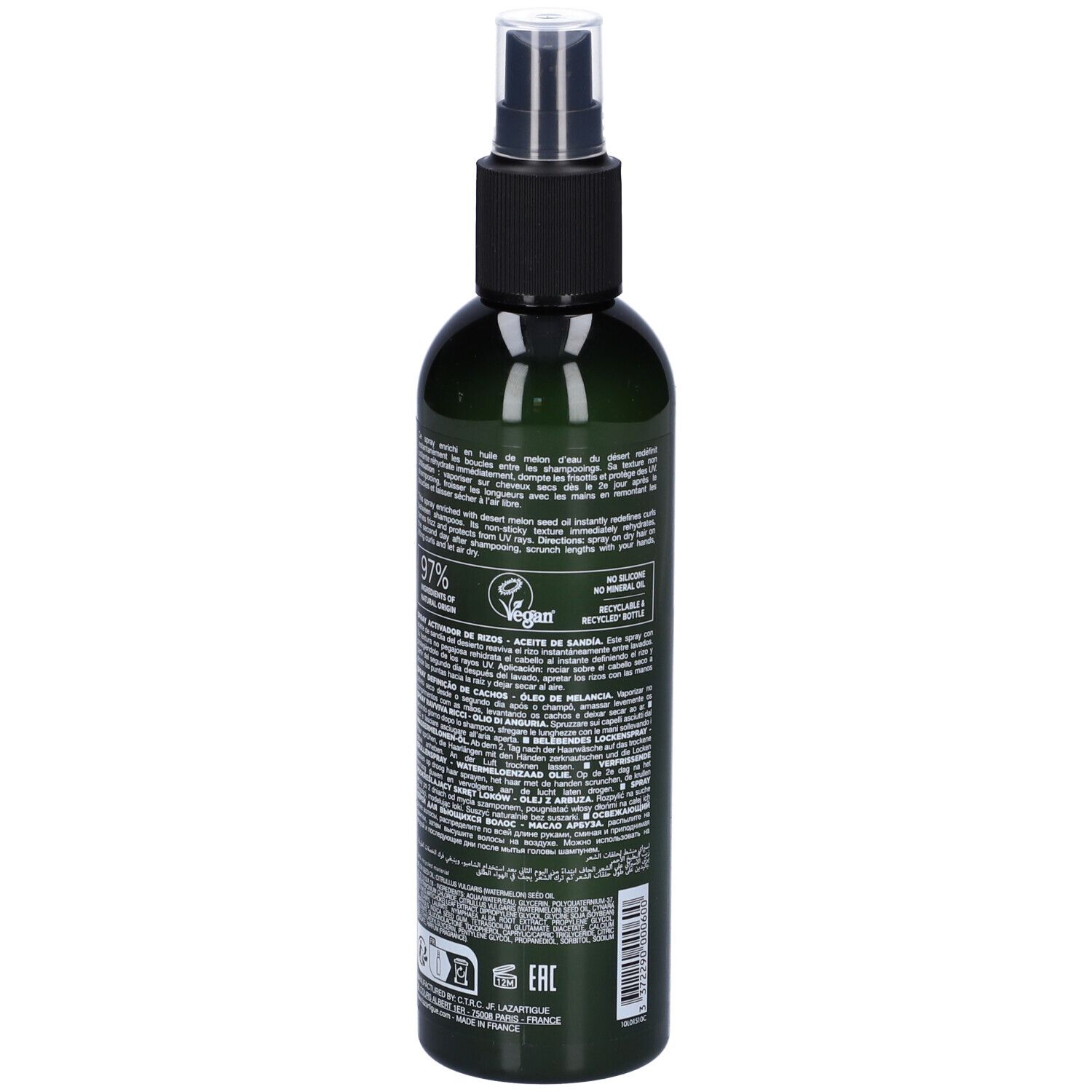 Retro di un flacone spray verde. Testo e loghi. Contiene il 97% di ingredienti di origine naturale.