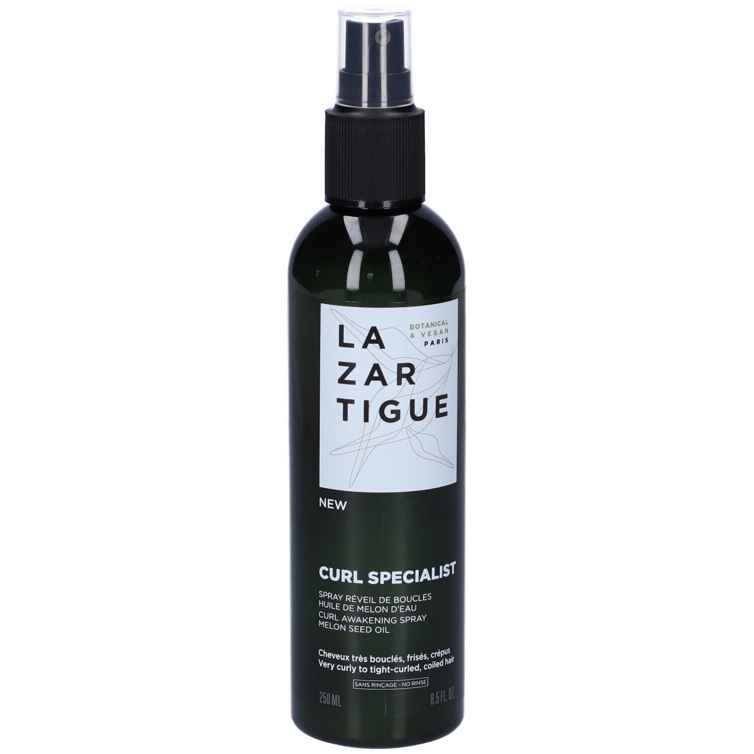 Flacone spray verde con erogatore nero. Scritta: Lazartigue Curl Specialist. Contiene 250 ml.