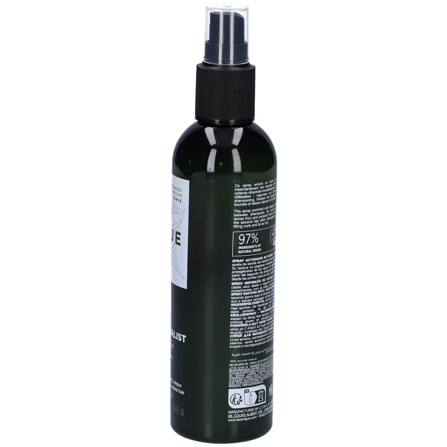 Retro di un flacone spray verde. Scritta: Lazartigue. Contiene il 97% di ingredienti di origine naturale.
