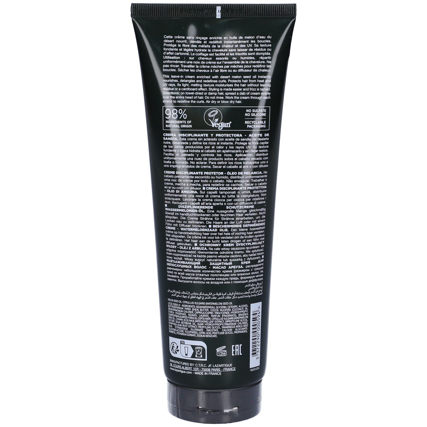 Rückseite der schwarzen Tube. Text und Logos: 98% Inhaltsstoffe natürlichen Ursprungs, Vegan, recycelbar. Produktinformationen.