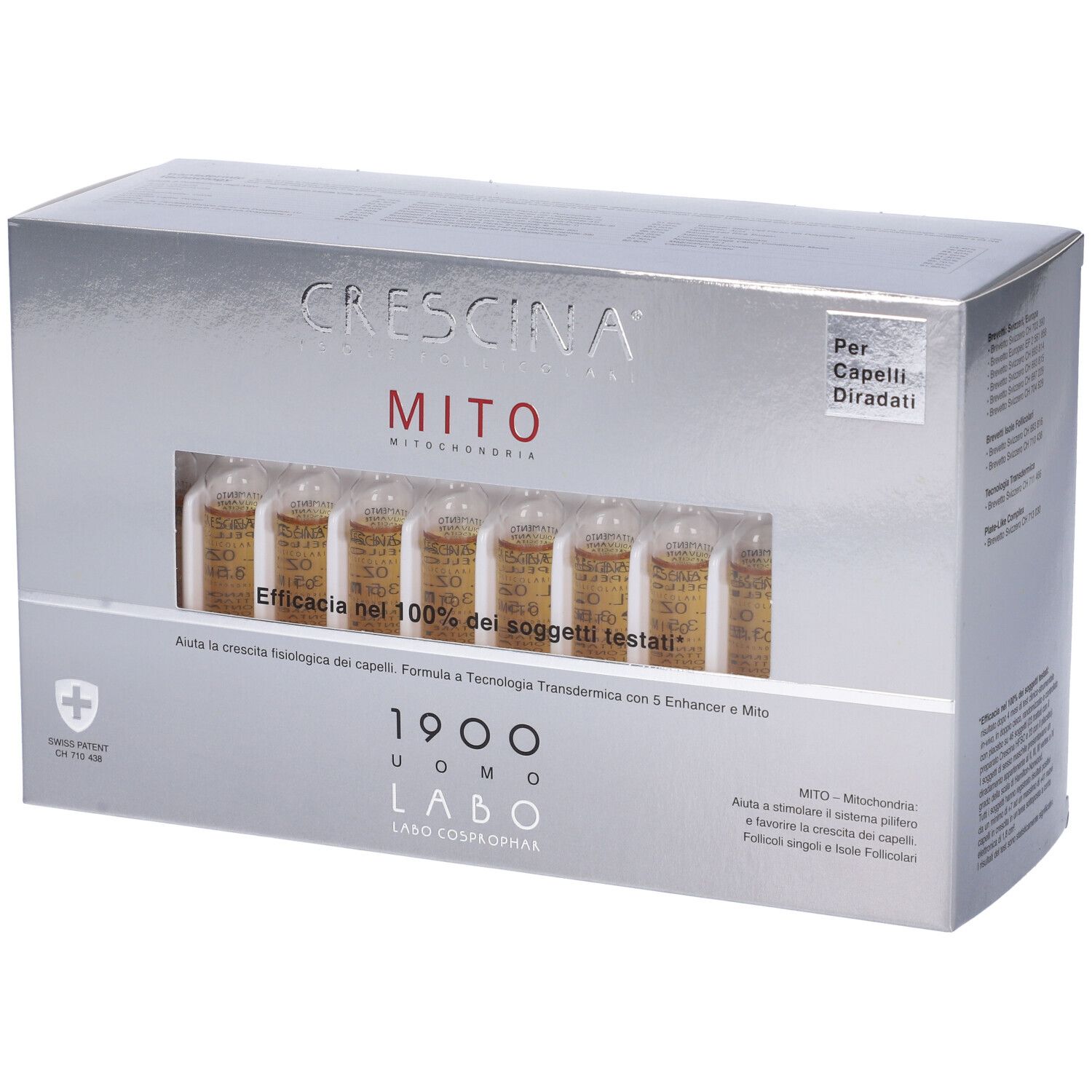 Scatola argentata con fiale. Scritta: CRESCINA MITO 1900 UOMO. Finestra con fiale visibili.