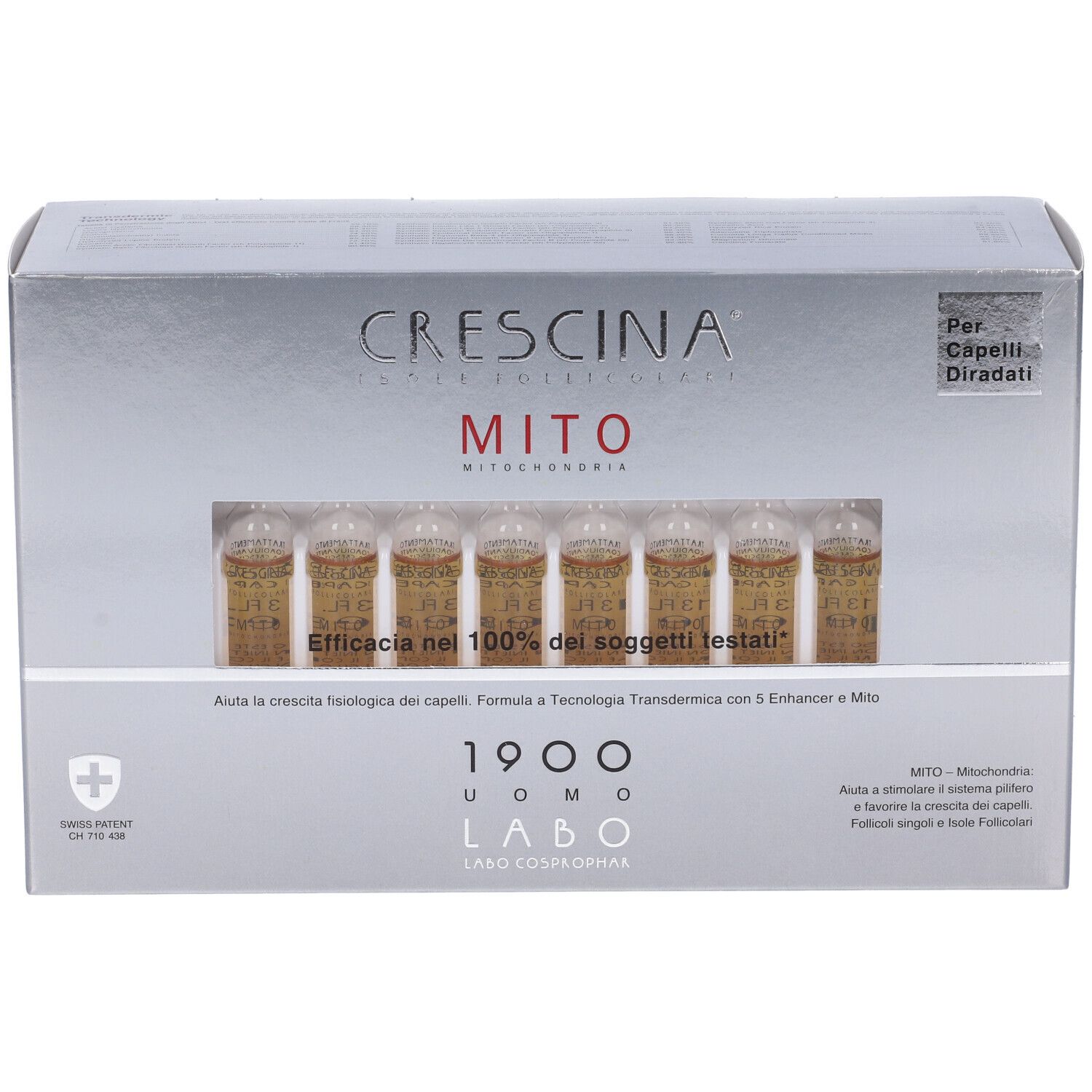 Scatola argentata con fiale. Scritta: CRESCINA MITO 1900 UOMO. Finestra con fiale visibili.