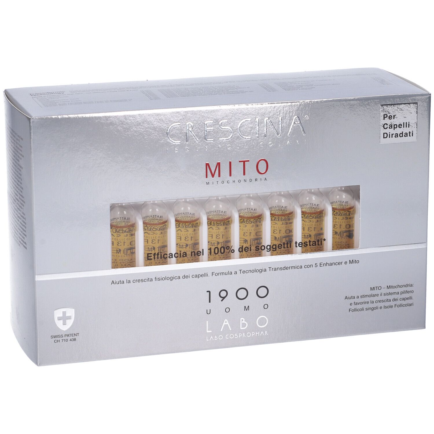 Scatola argentata con fiale. Scritta: CRESCINA MITO 1900 UOMO. Finestra con fiale visibili.
