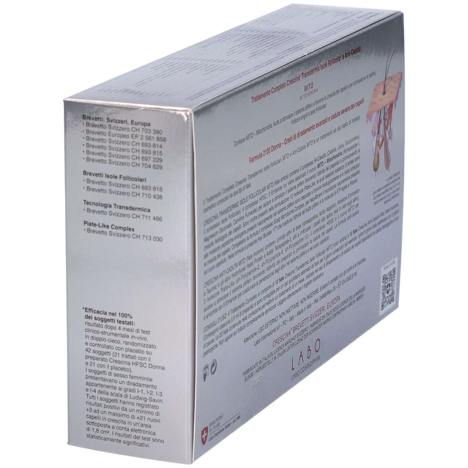 Confezione argento inclinata. Testo: CRESCINA, MITO, 2100 DONNA. Brevetti svizzeri.