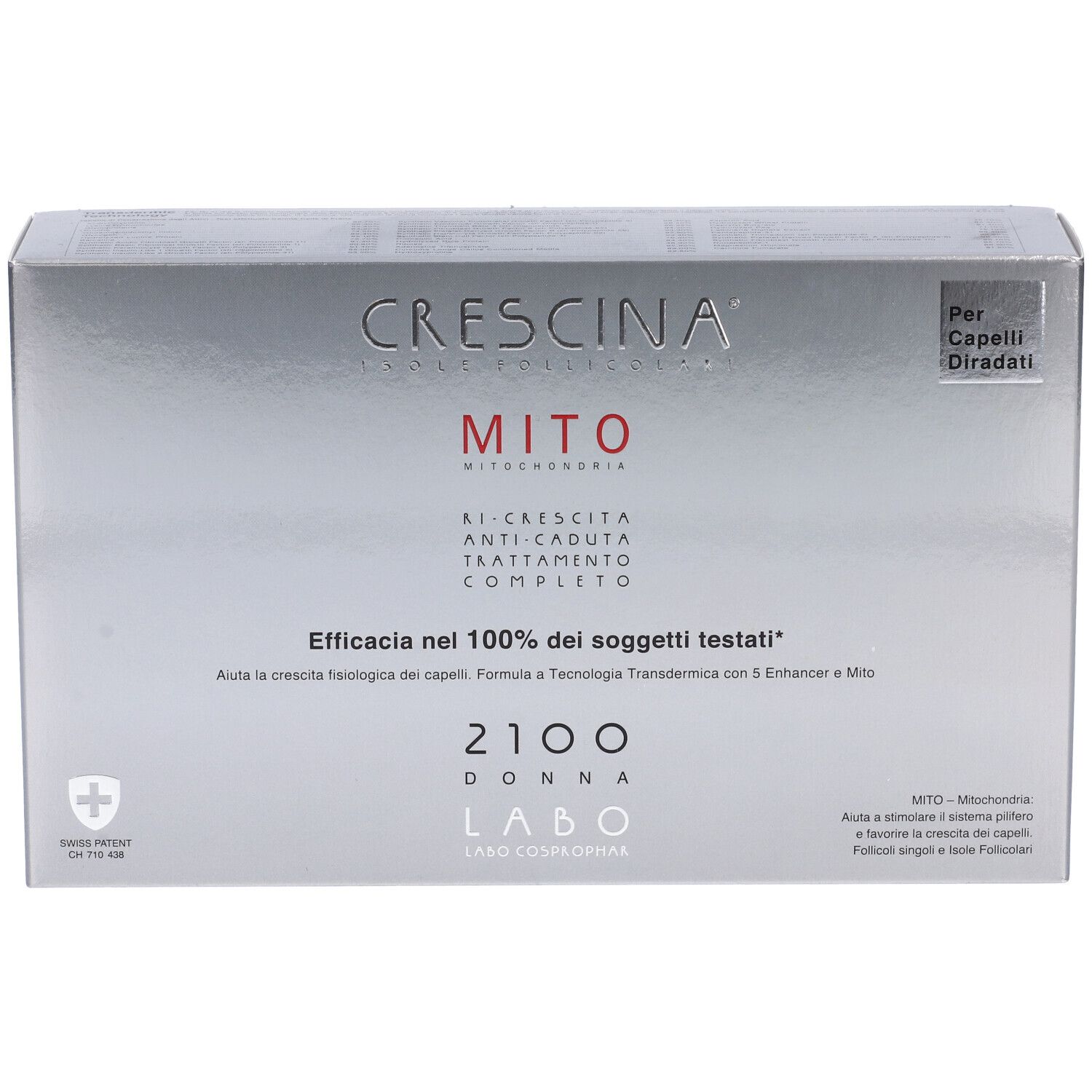 Confezione argento CRESCINA MITO 2100 DONNA. Contiene 10+10 fiale. Logo croce svizzera.