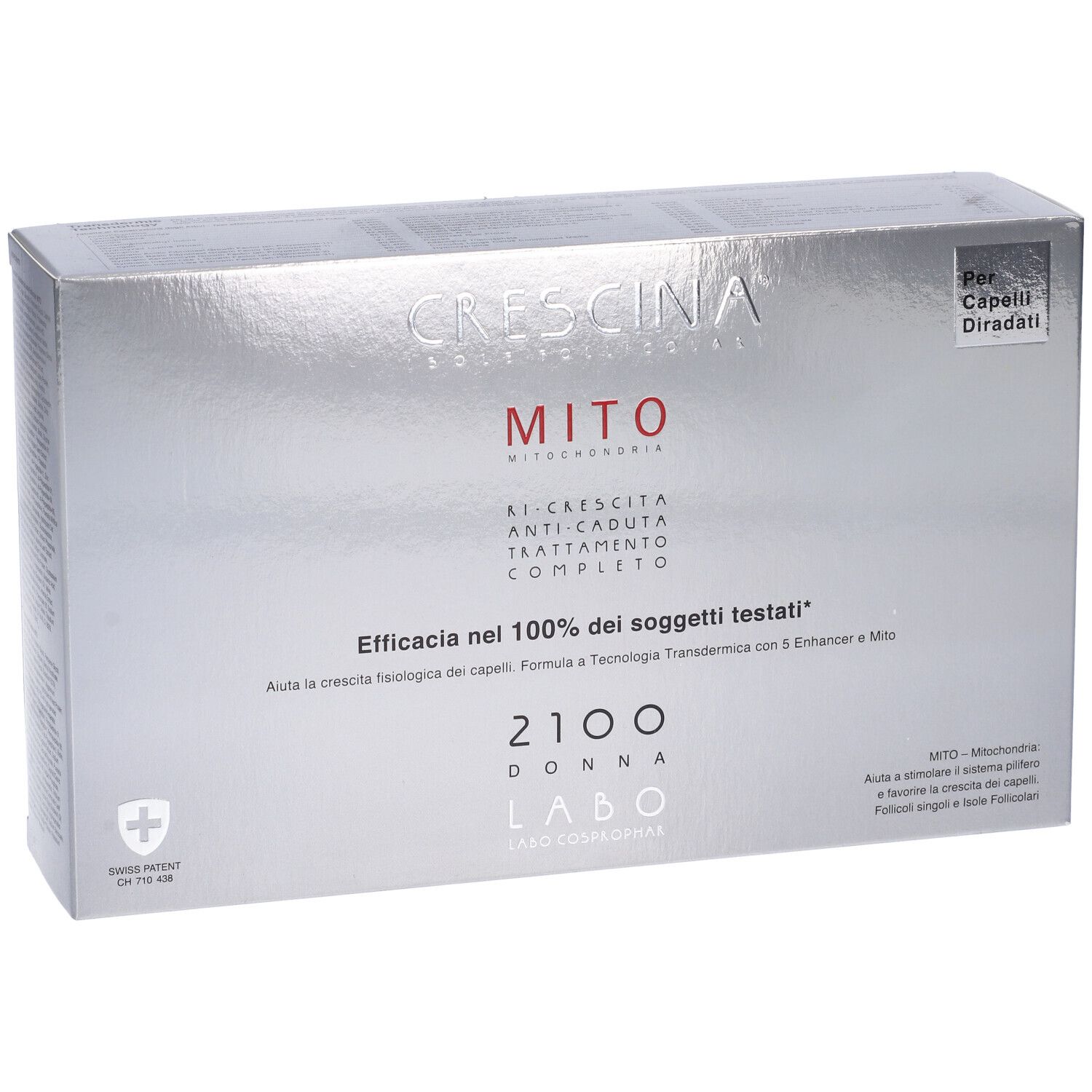 Confezione argento CRESCINA MITO 2100 DONNA. Contiene 10+10 fiale. Logo croce svizzera.