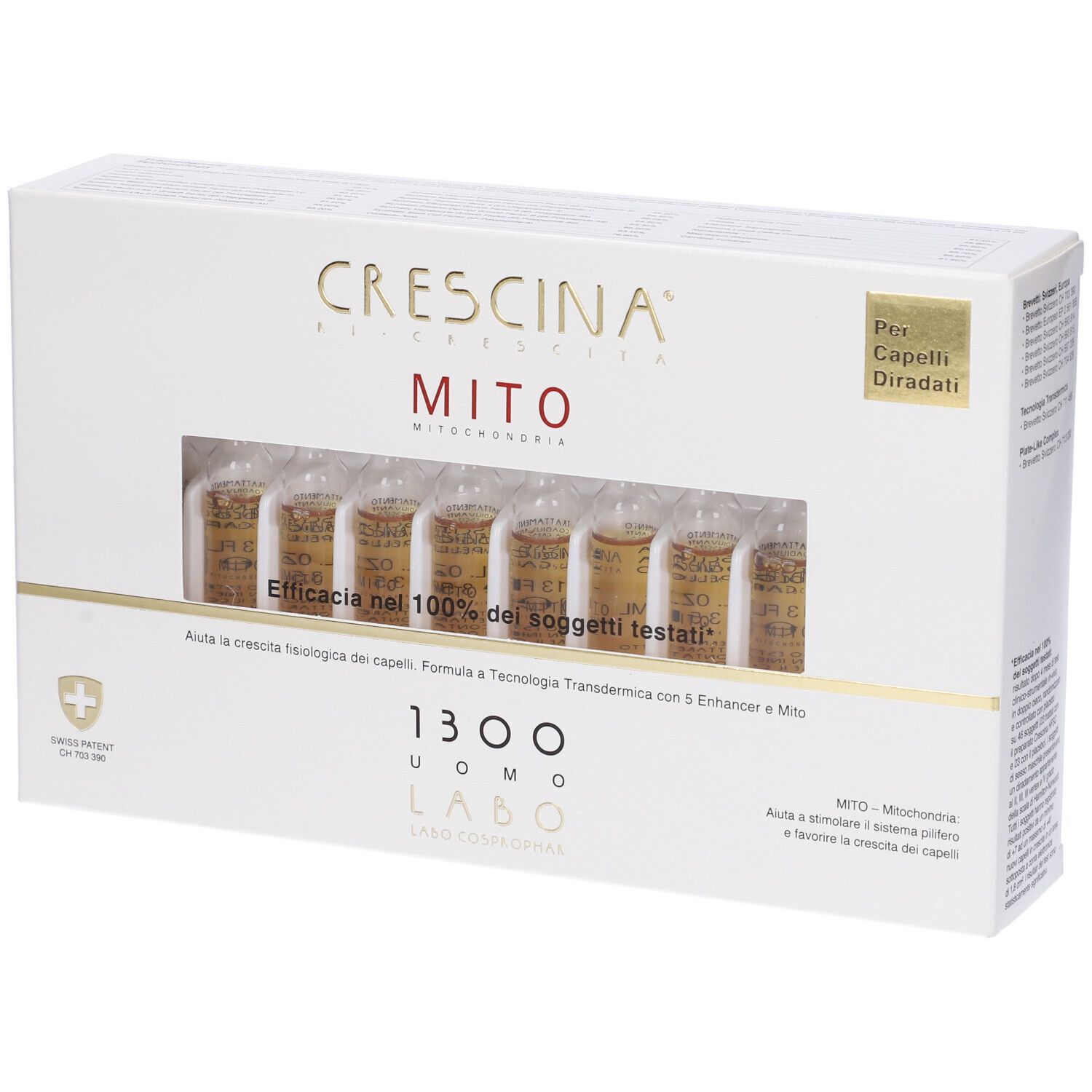 Scatola bianca con sei fiale. Scritta: CRESCINA MITO. Per capelli diradati. Brevetto svizzero.