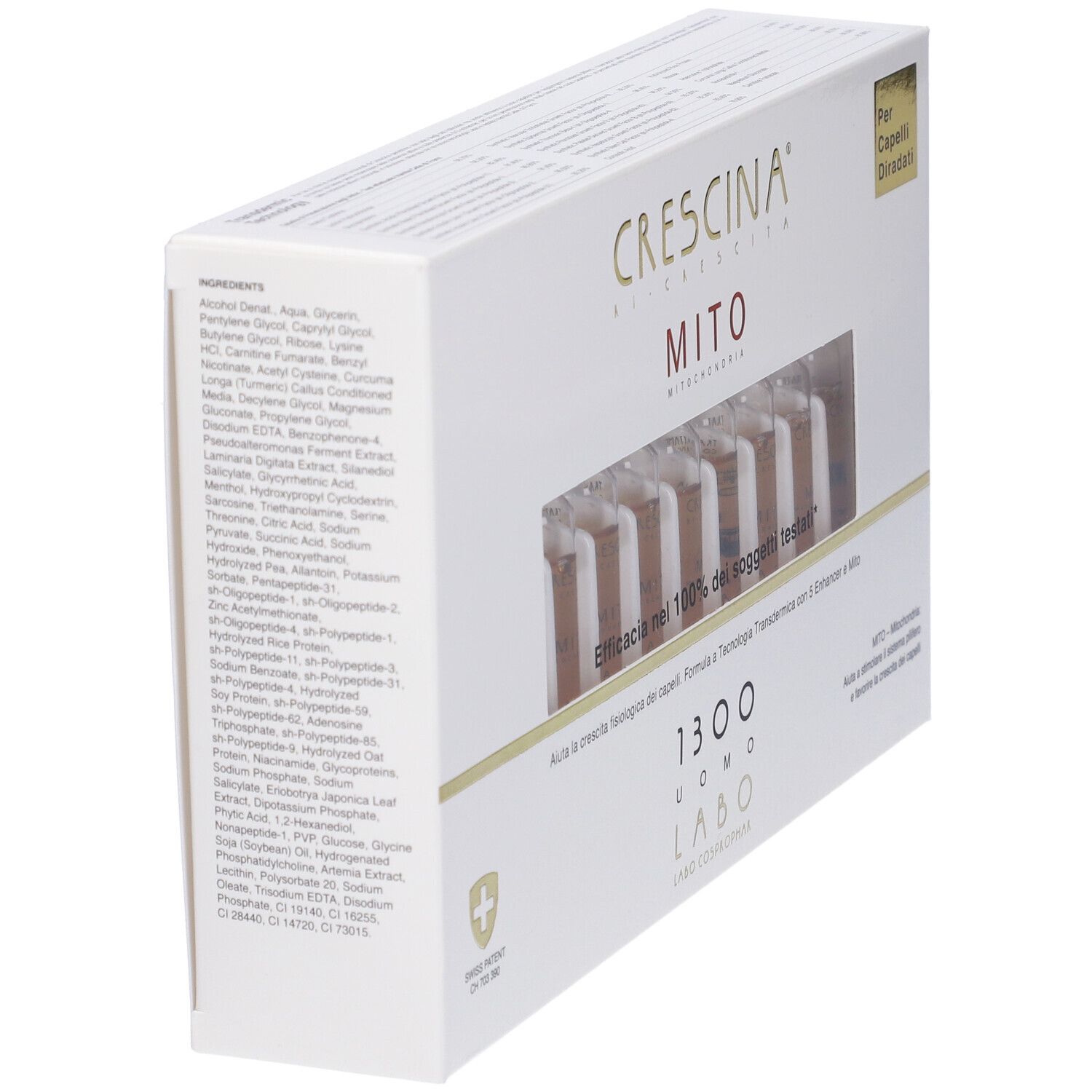 Scatola bianca con ingredienti e sei fiale. Scritta: CRESCINA MITO. Per capelli diradati.