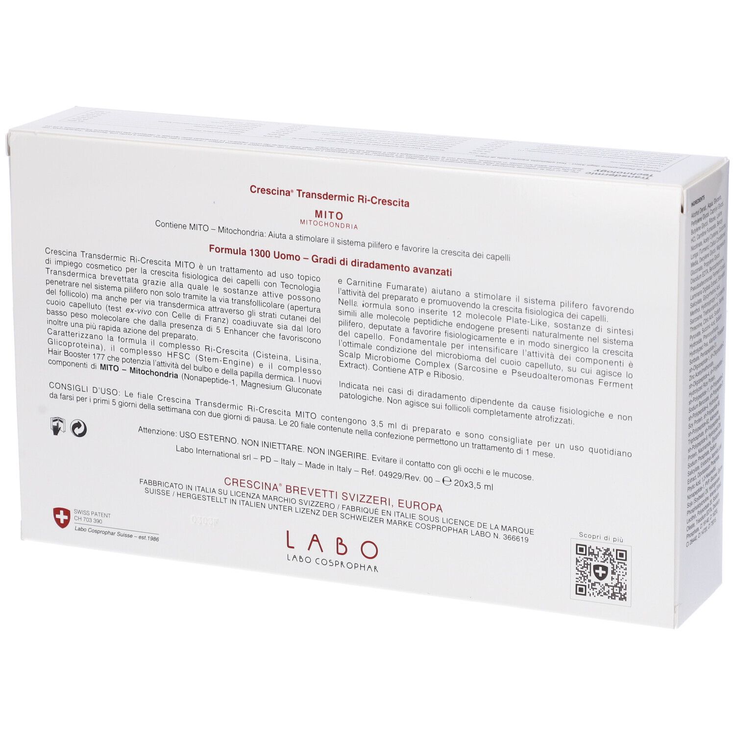 Retro della scatola bianca. Testo: CRESCINA Transdermic Ri-Crescita MITO. Per capelli diradati. Labo.