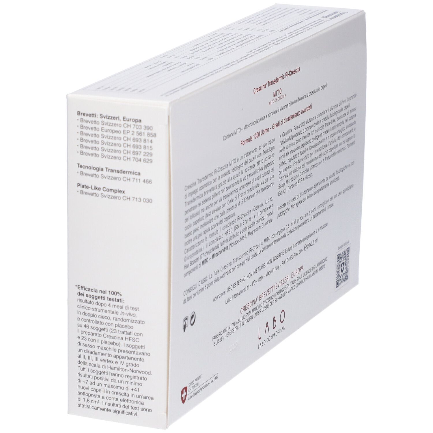 Scatola bianca, testo: CRESCINA Transdermic Ri-Crescita MITO. Per capelli diradati. Labo. Brevetti svizzeri.