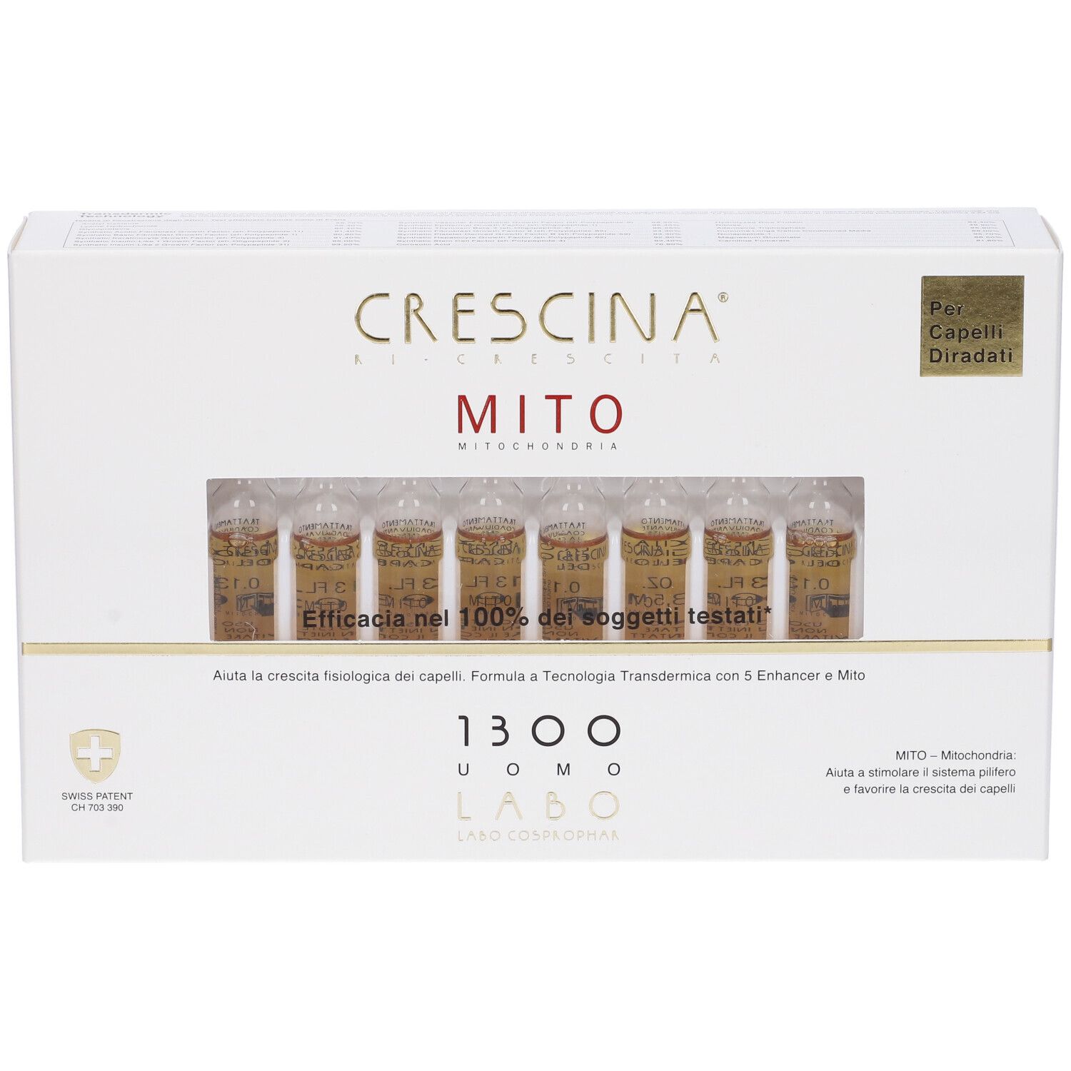 Scatola bianca con sei fiale. Scritta: CRESCINA MITO. Per capelli diradati. Labo.
