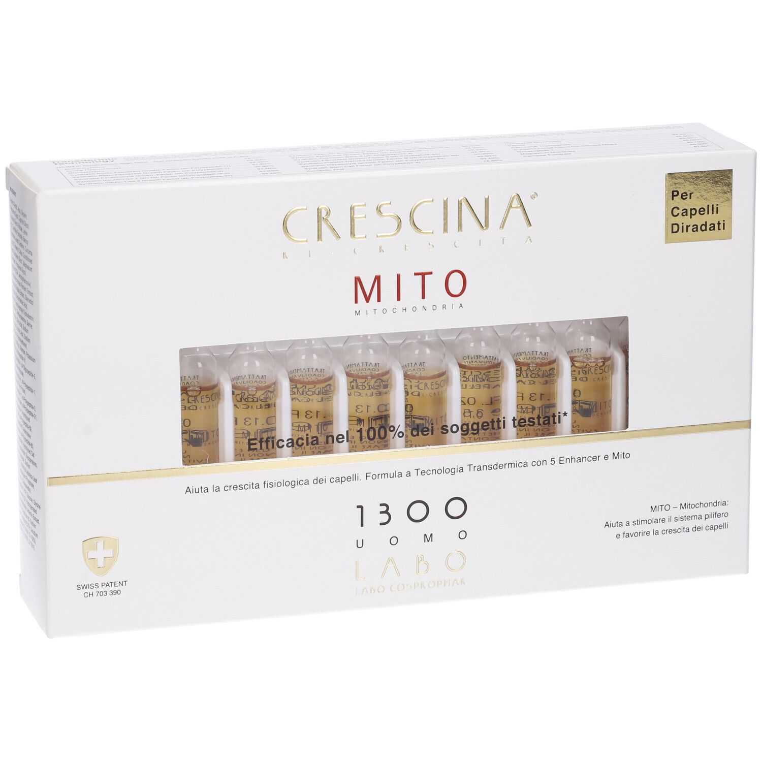 Scatola bianca con sei fiale. Scritta: CRESCINA MITO. Per capelli diradati. Labo.