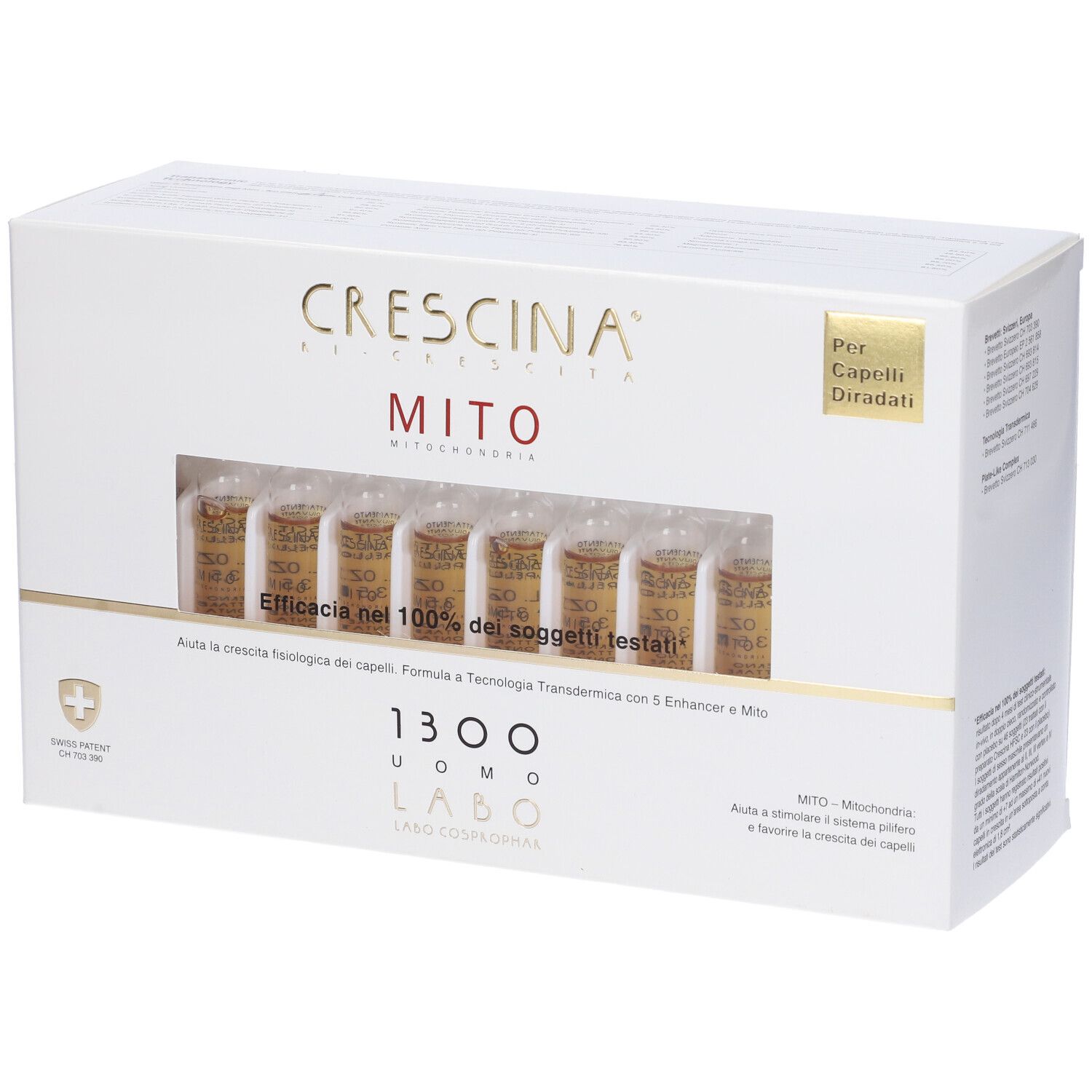 Scatola bianca con prodotto. Finestra mostra fiale. Scritta: CRESCINA MITO, 1300 UOMO.