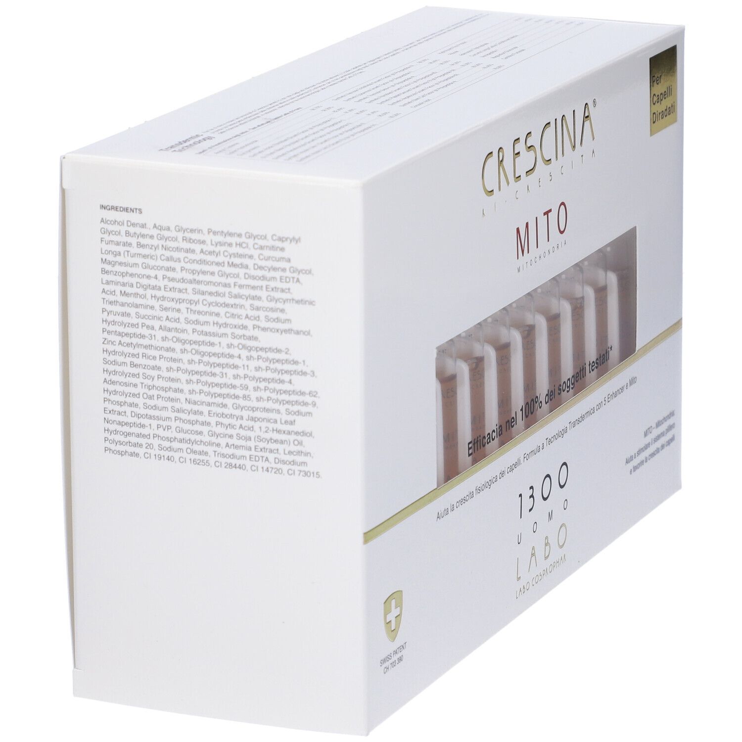 Confezione bianca con elenco ingredienti. Scritta: CRESCINA MITO, 1300 UOMO. Croce svizzera.