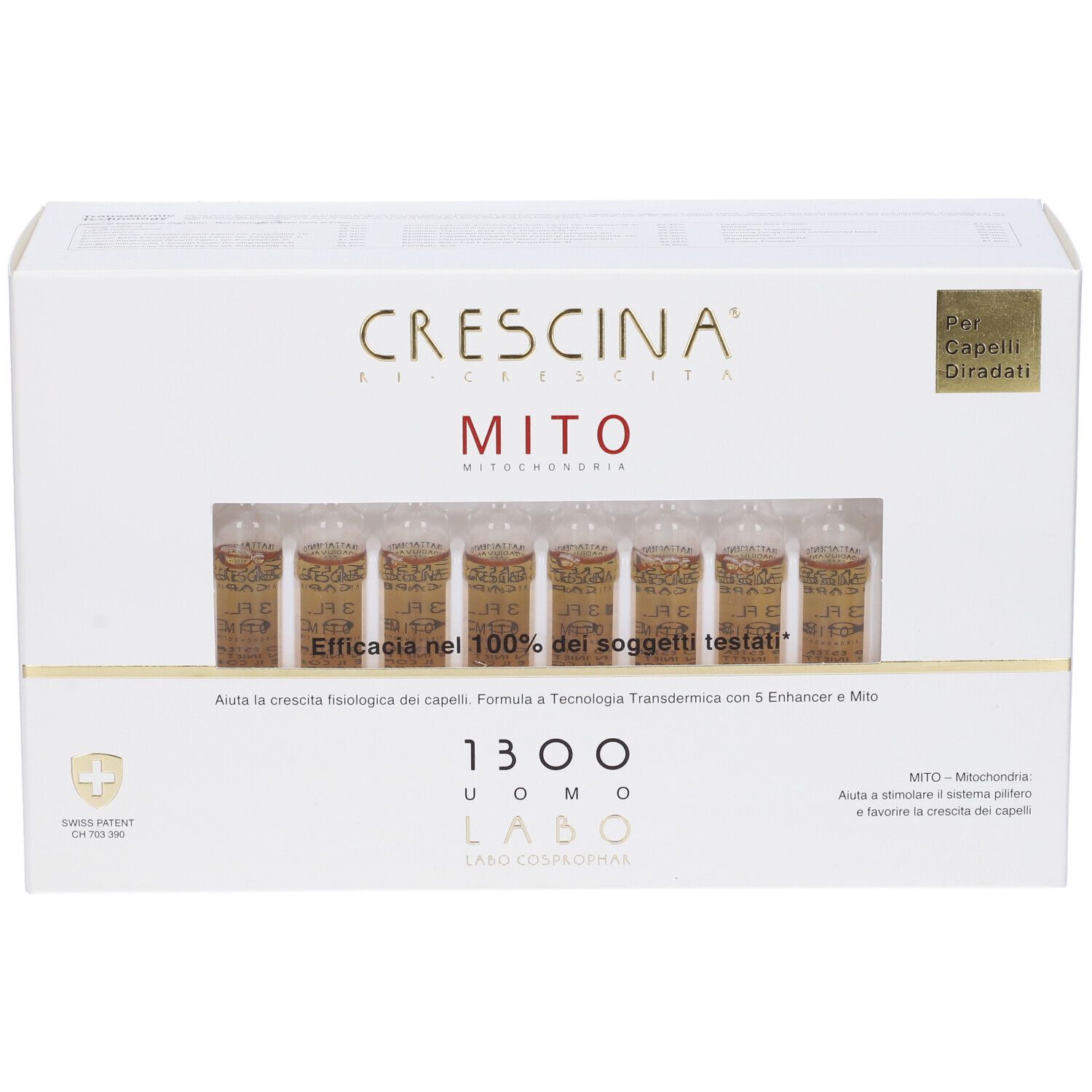 Scatola bianca con prodotto. Finestra mostra fiale. Scritta: CRESCINA MITO, 1300 UOMO.