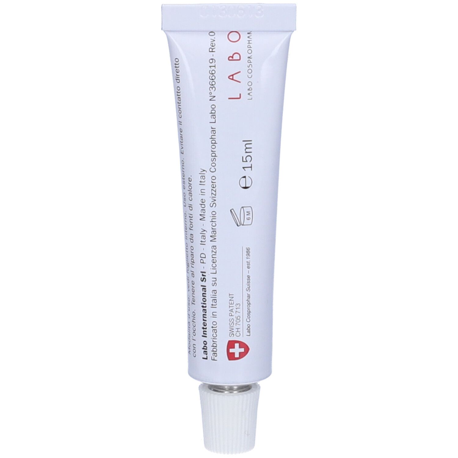 Retro di un tubo di crema bianco. Scritta Labo, e15ml, Swiss Patent, Made in Italy.