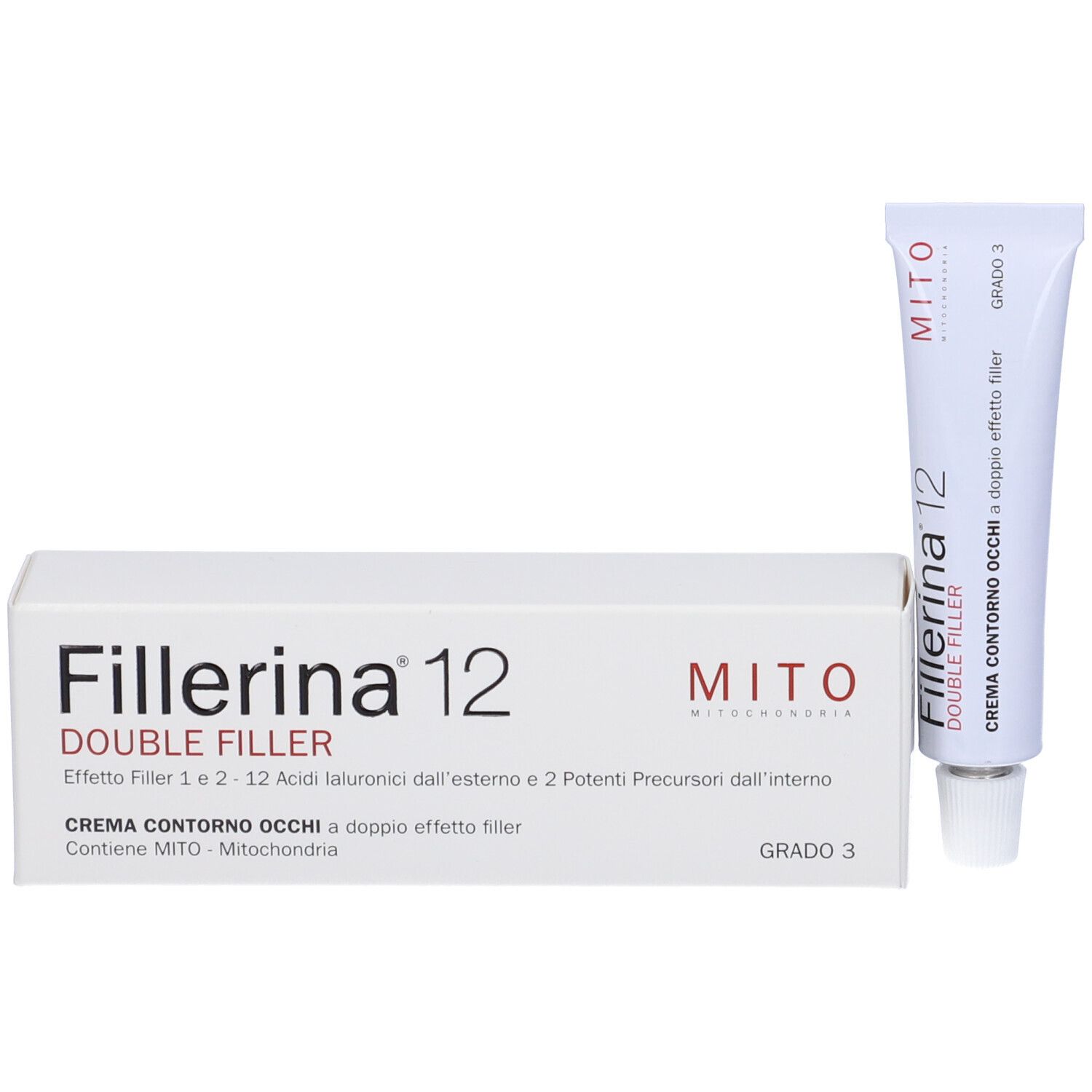 Confezione e tubo Fillerina 12 Double Filler. Scatola bianca, tubo con chiusura metallica.