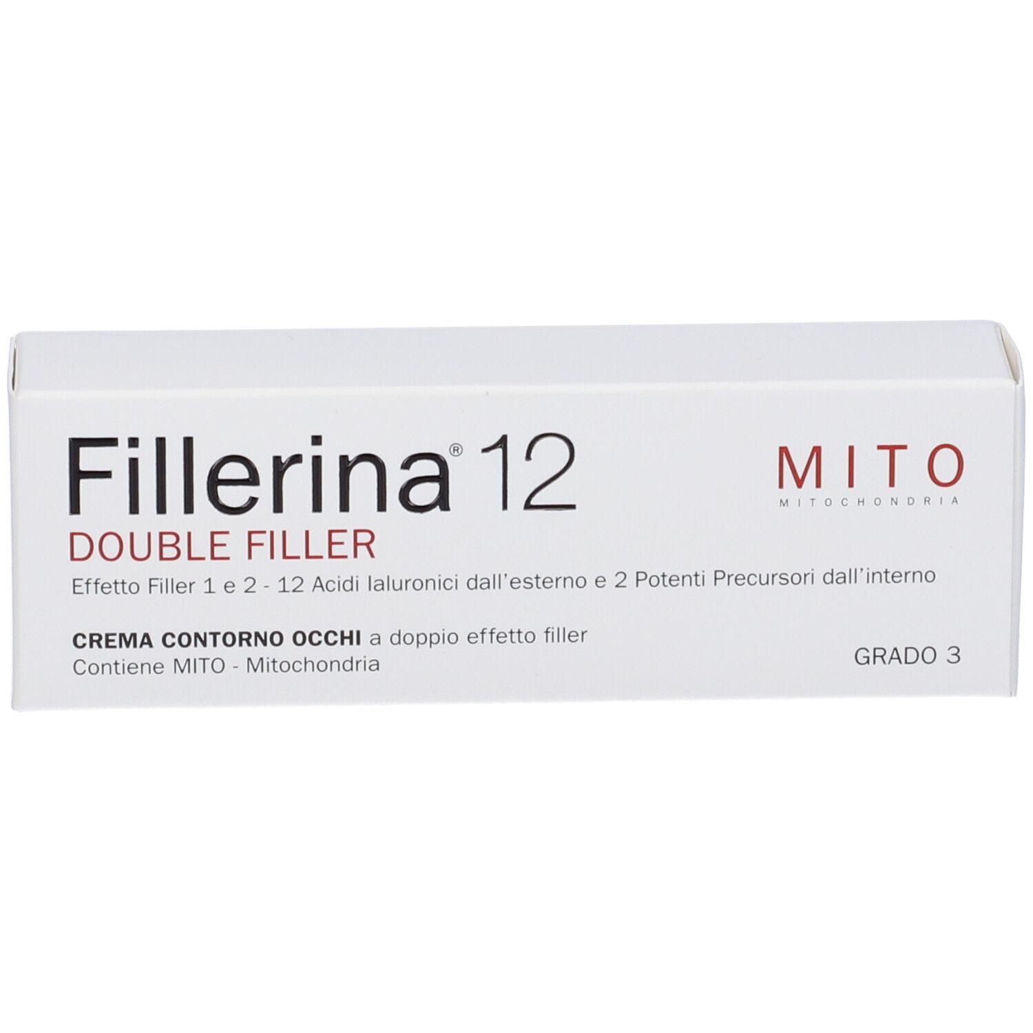 Scatola bianca con scritta Fillerina 12 Double Filler, Mito. Grado 3.