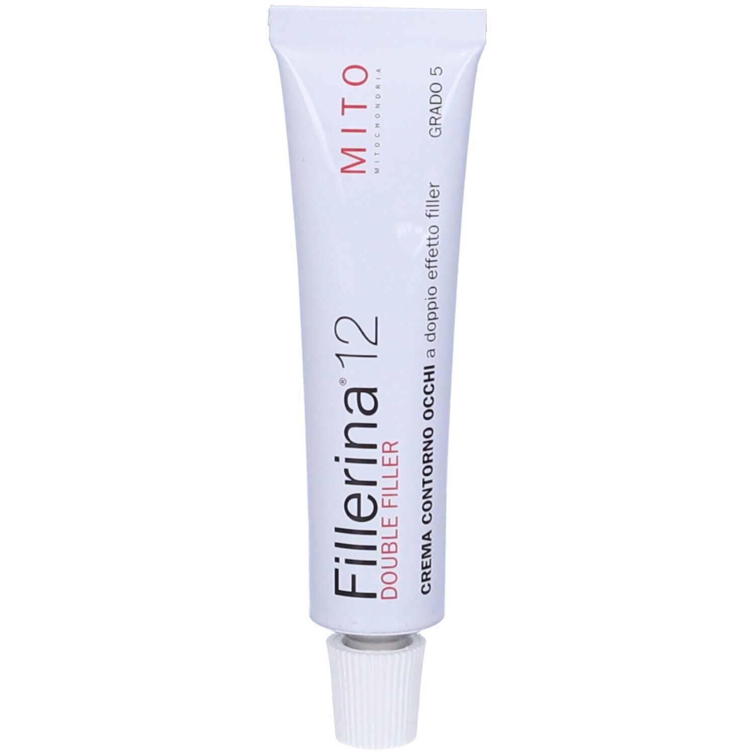 Tubo bianco con scritta Fillerina 12 Double Filler, Mito. Contiene crema per il contorno occhi. Grado 5.