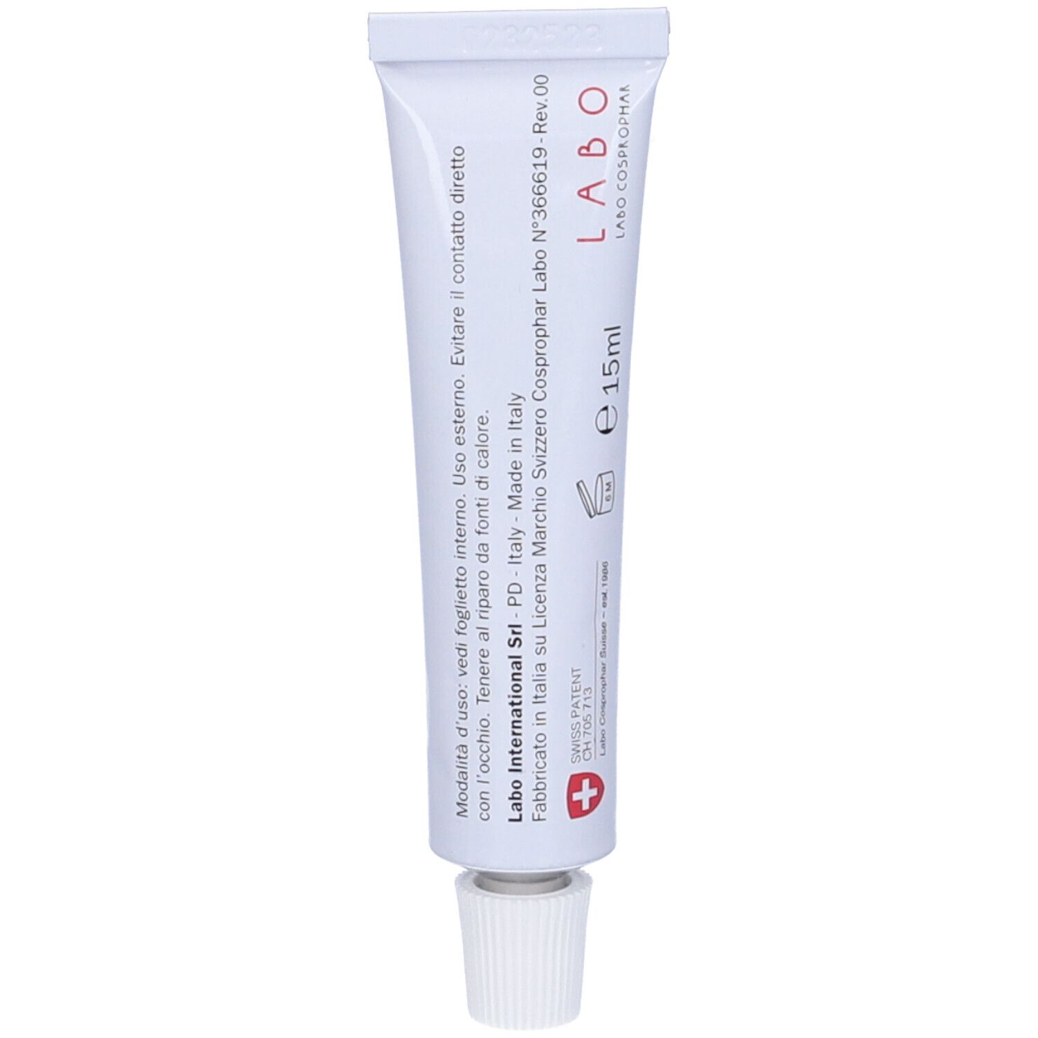 Tubo bianco con scritta Labo. Contiene crema. Con informazioni sull'uso e ingredienti. 15ml.