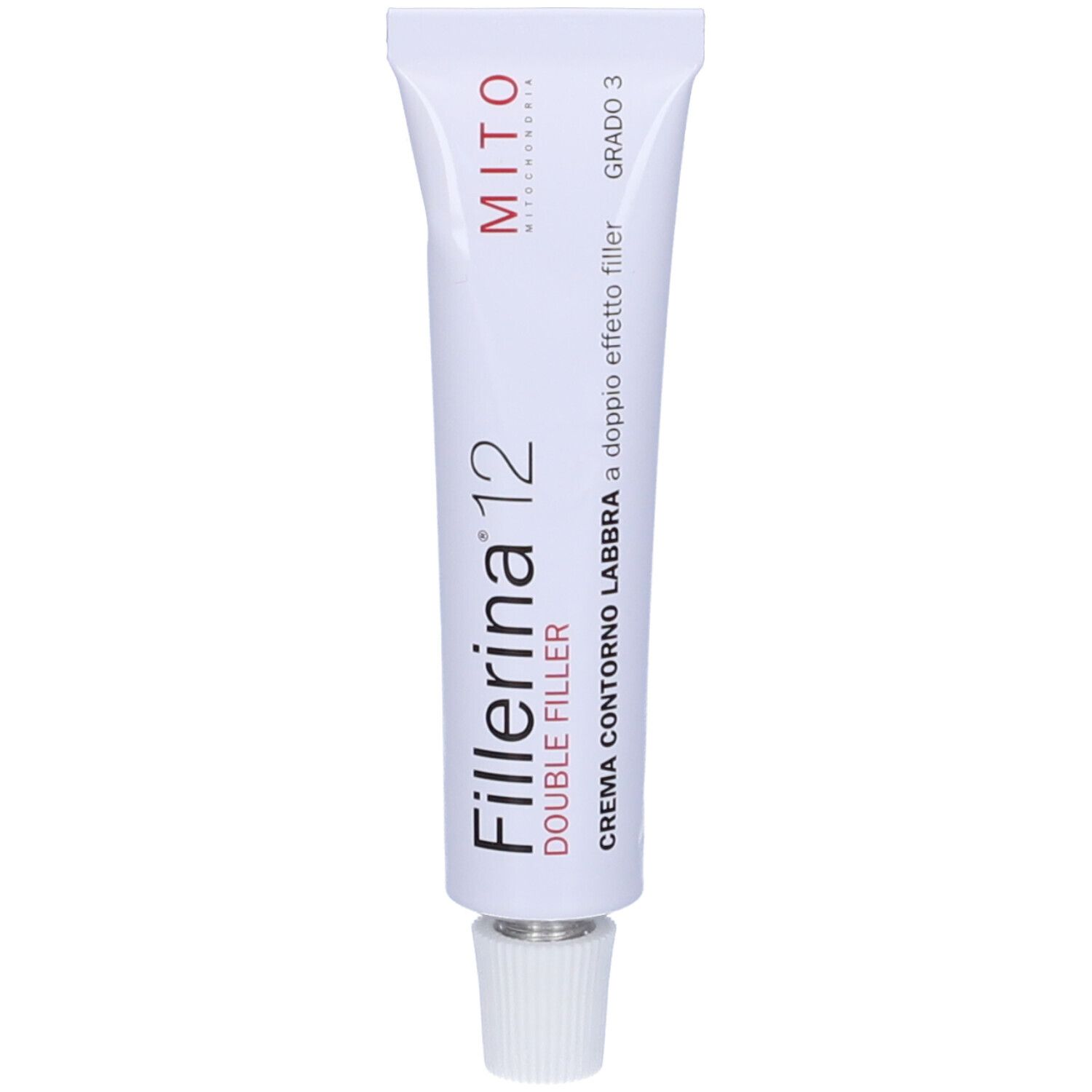 Tubo bianco con scritta Fillerina 12 Double Filler. Contiene crema per il contorno labbra. Grado 3.