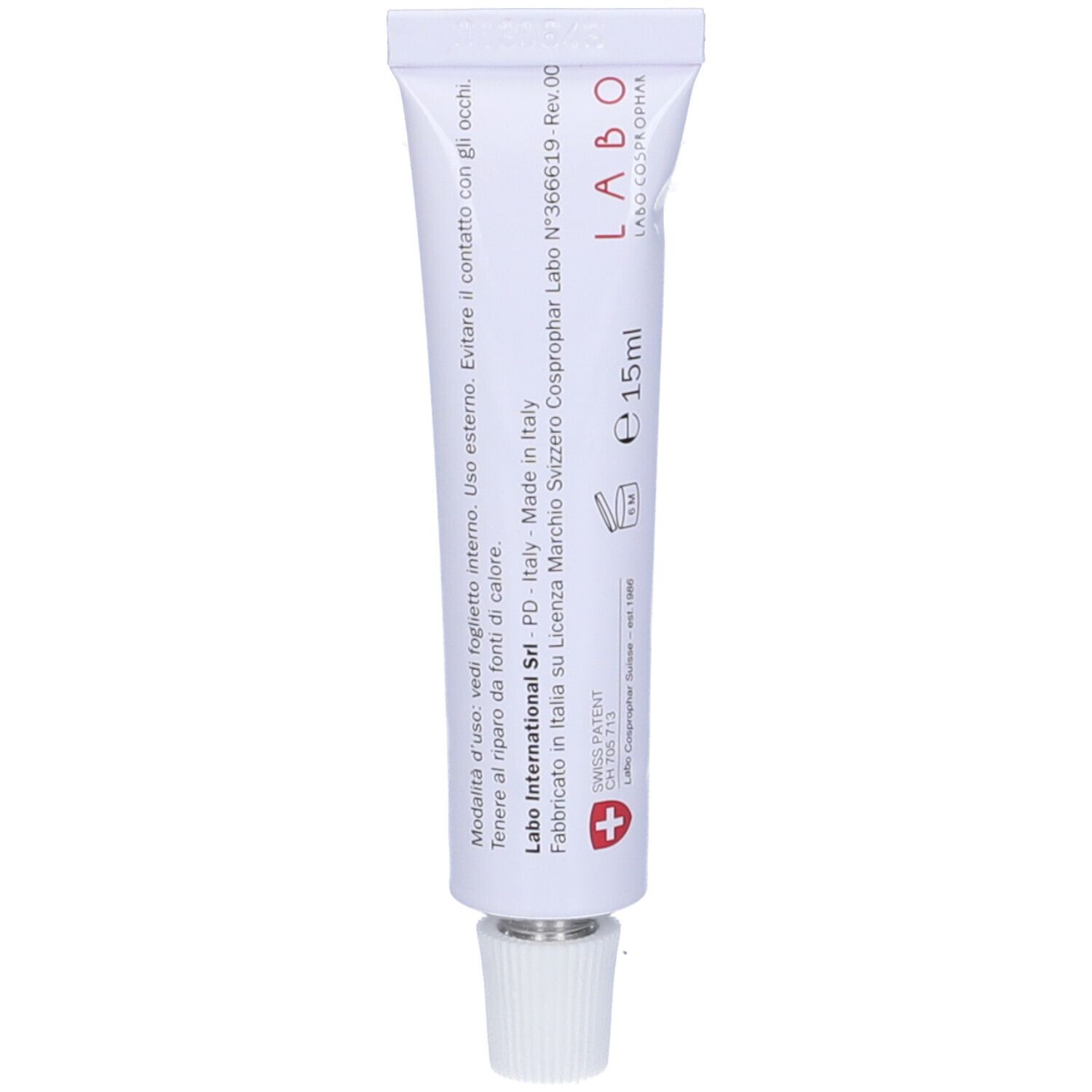 Tubo piccolo con scritta Labo. Contiene 15ml. Prodotto in Italia. Con informazioni sull'uso e ingredienti.