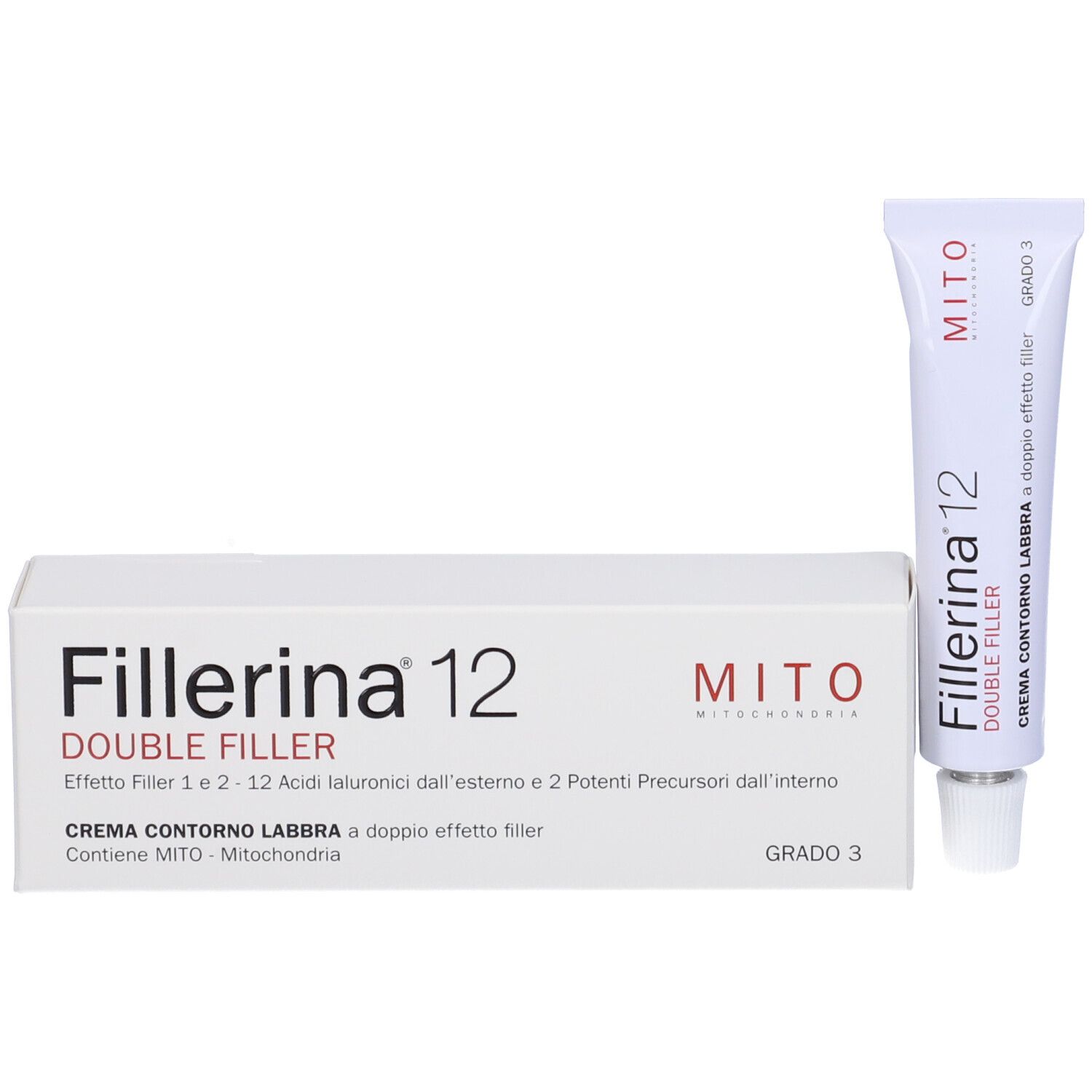 Confezione con tubo Fillerina 12 Double Filler. Contiene crema per il contorno labbra. Grado 3. Informazioni sul prodotto.
