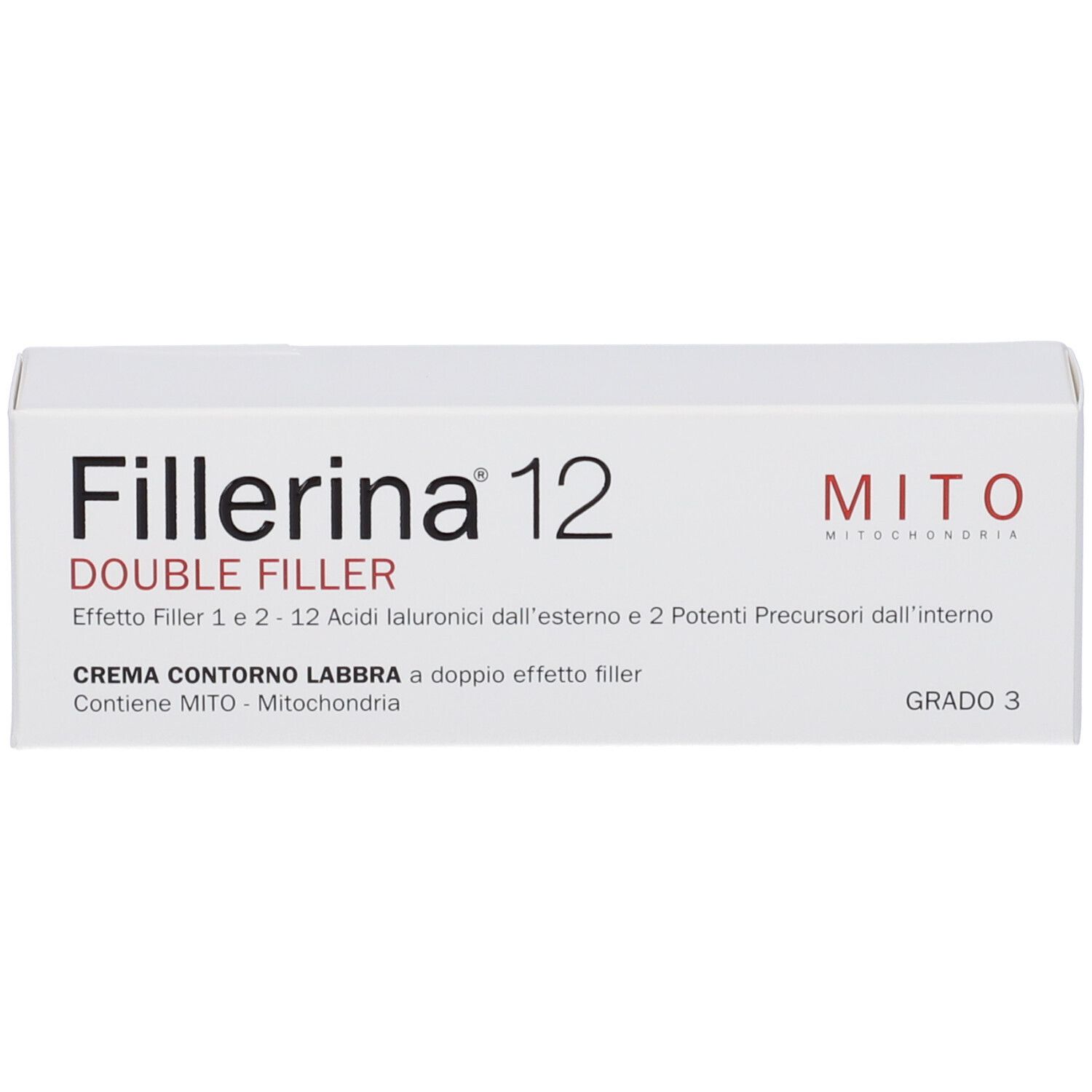 Confezione bianca con scritta Fillerina 12 Double Filler. Crema contorno labbra. Grado 3. Informazioni prodotto.