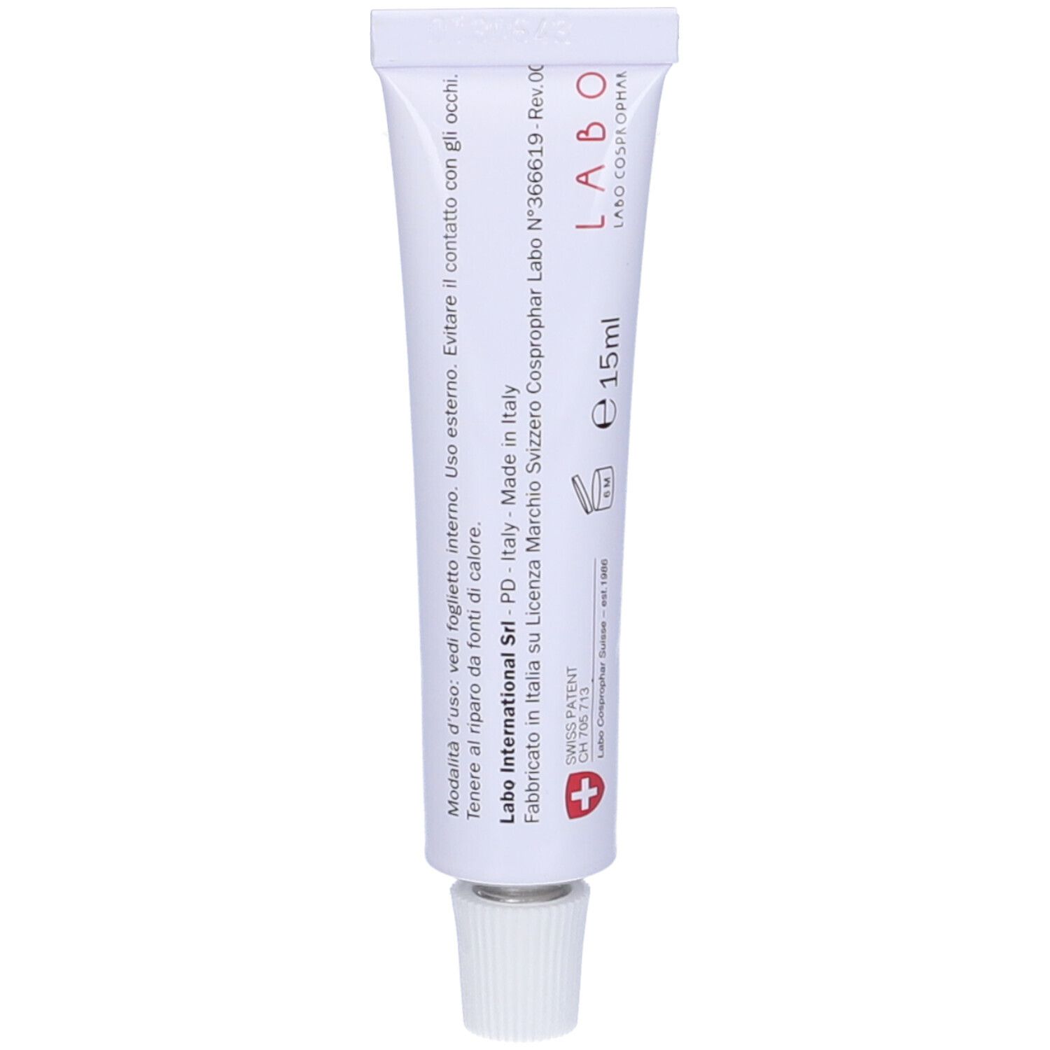 Retro di un tubo bianco. Testo: Labo, 15ml, Made in Italy. Croce svizzera. Avvertenze.