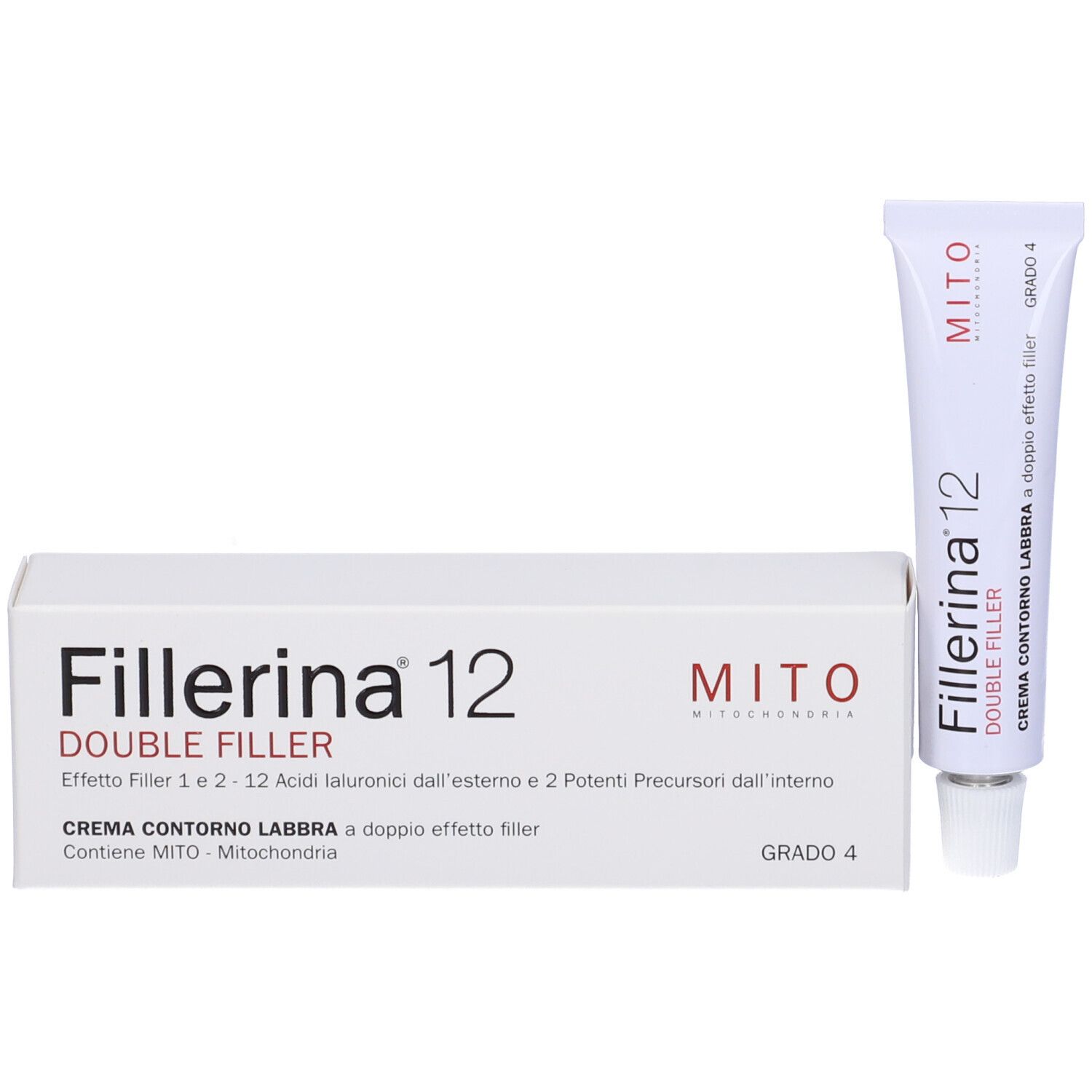 Confezione e tubo. Confezione: bianca, testo Fillerina 12 Double Filler, Mito, Crema Contorno Labbra, Grado 4. Tubo: bianco, tappo argento.