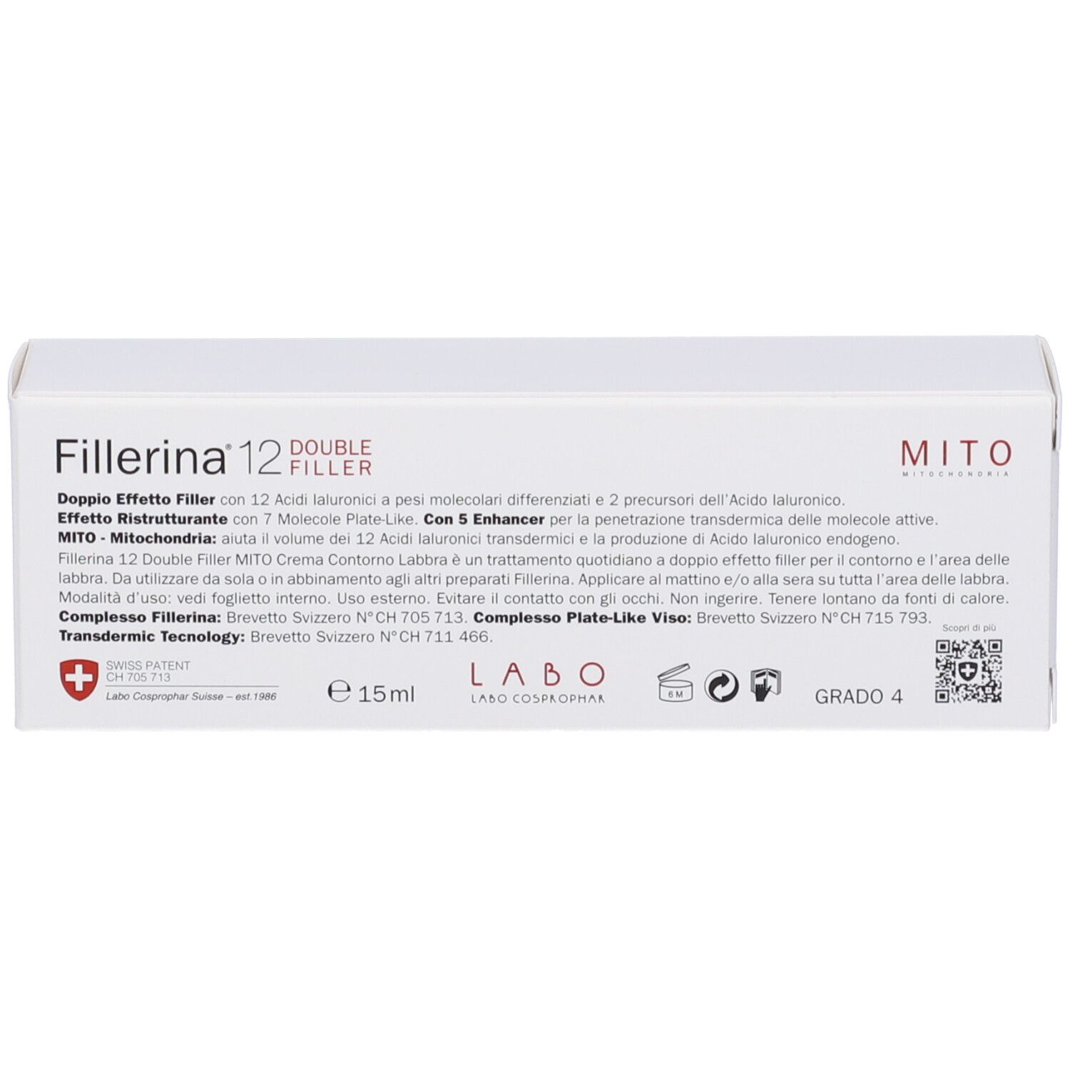 Confezione bianca. Testo: Fillerina 12 Double Filler, Mito, 15ml, Croce svizzera, Grado 4. Avvertenze e ingredienti.