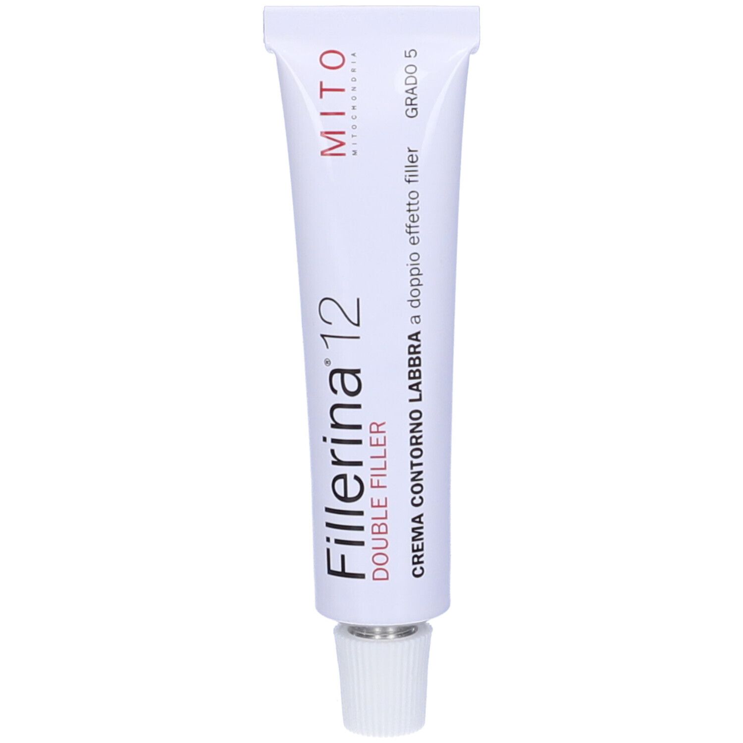 Tubo bianco con Fillerina 12 Double Filler. Crema Contorno Labbra. Grado 5.