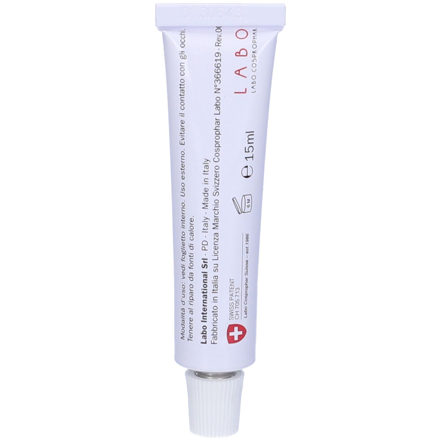 Tubo piccolo con Labo. Contiene 15ml. Fabbricato in Italia. Croce Svizzera.
