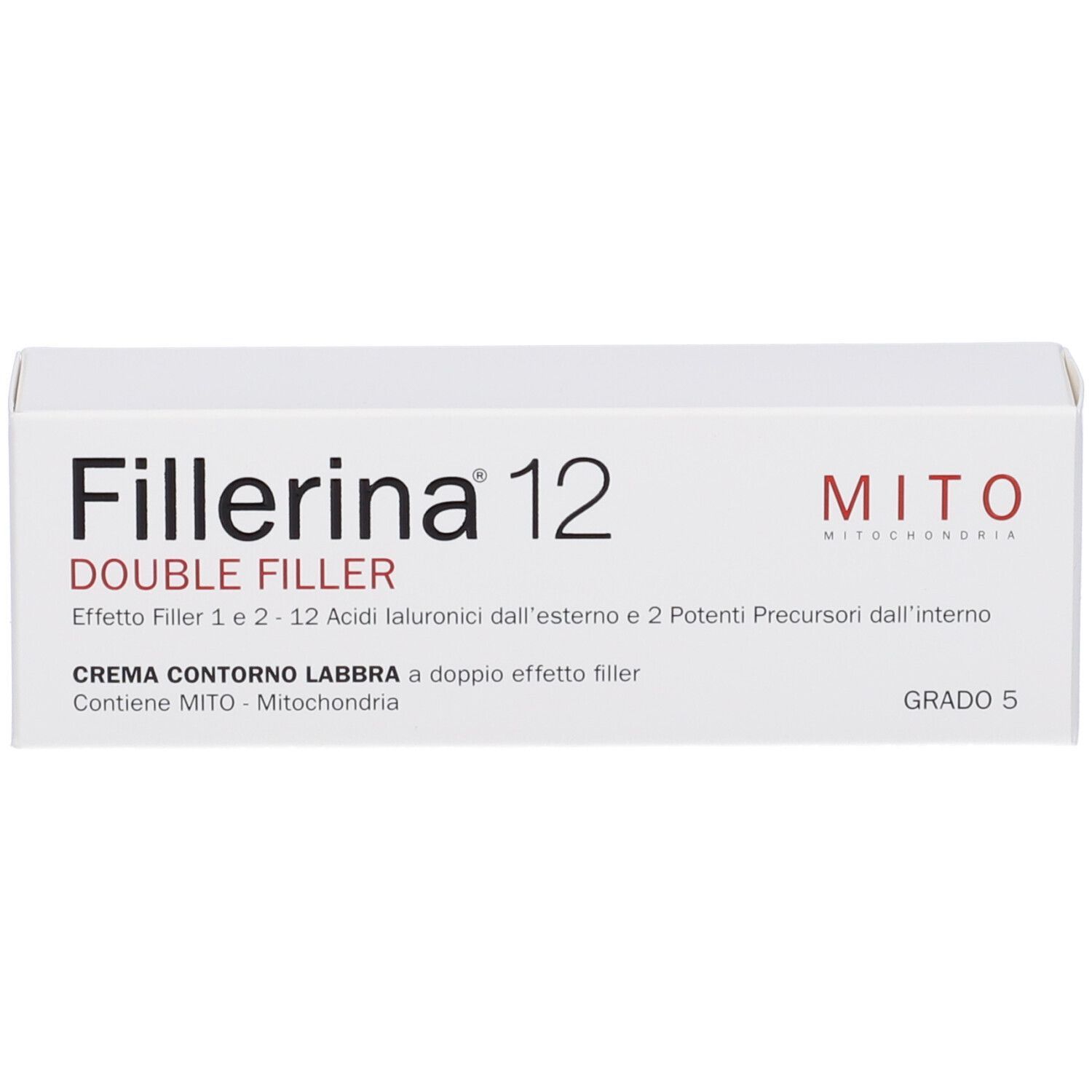 Scatola bianca con Fillerina 12 Double Filler. Crema Contorno Labbra. Grado 5.